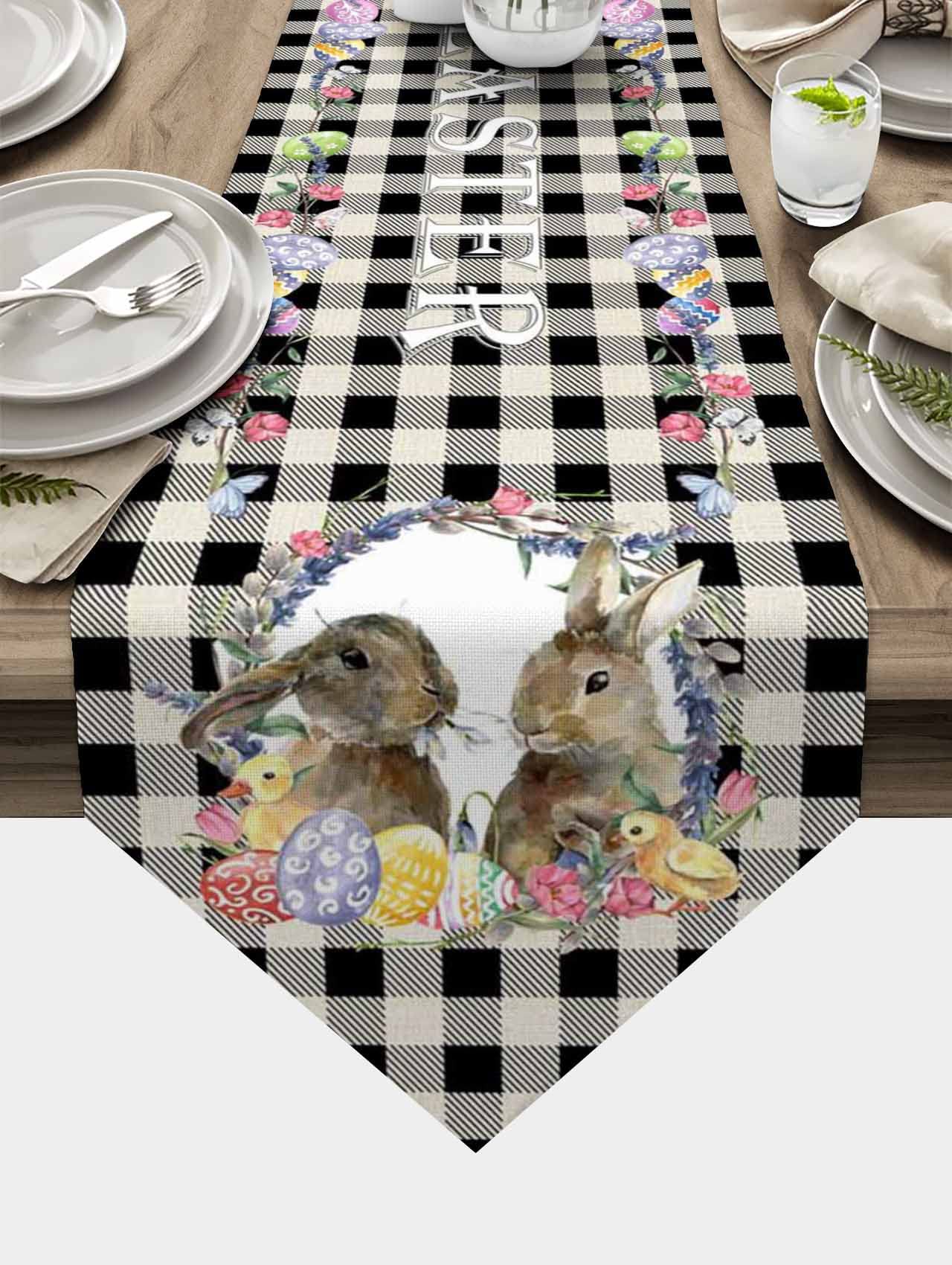 Easter Table Runner - 16x72 Inch Bunny Chick Easter Eggs Wreath Buffalo Plaid Decorative Table Scarf for Spring Dinner, Kitchen, Dining Room & Party Decor | Perfect for Easter Celebrations, Holiday Gatherings & Home Decor
