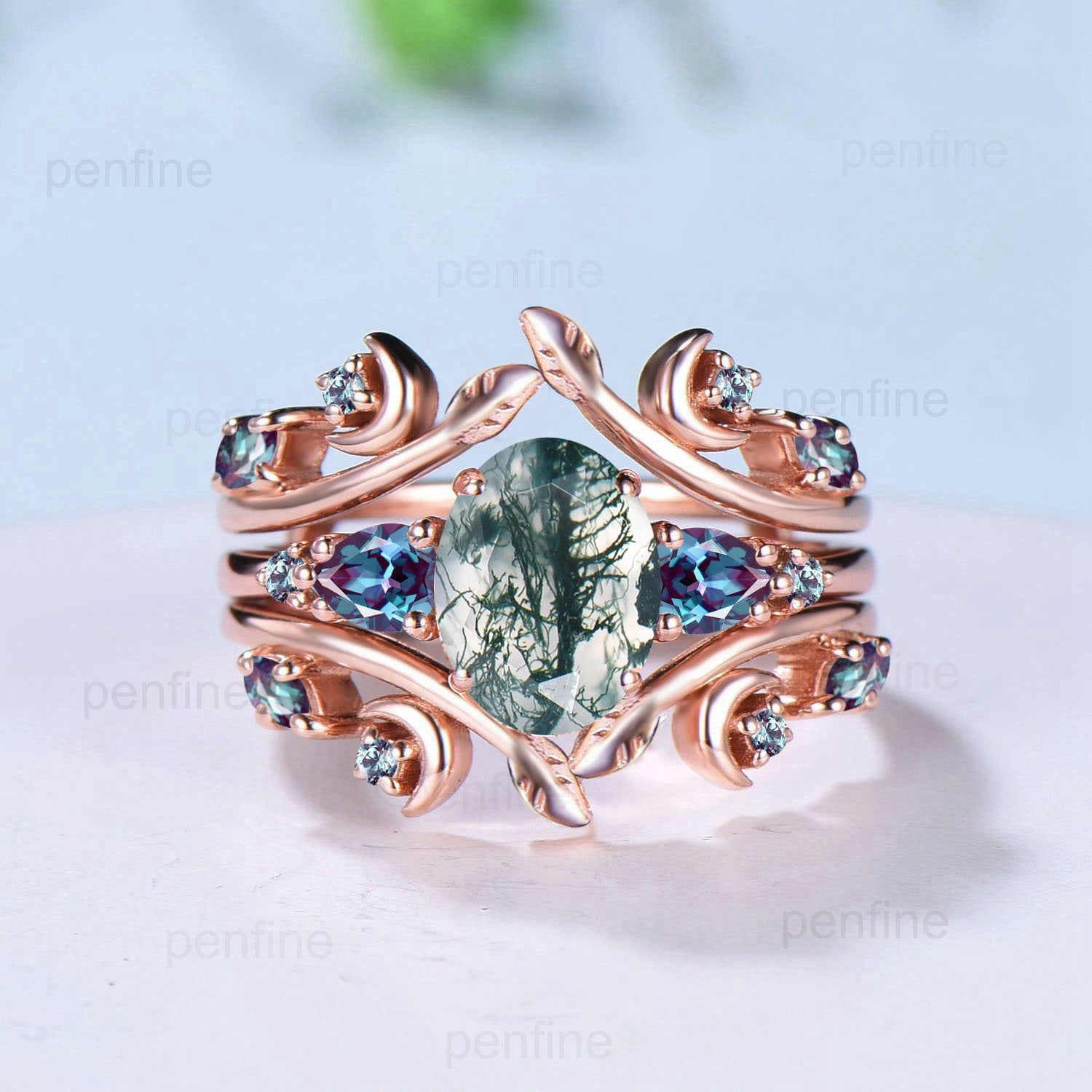 Nature Inspired Oval Moss Agate Engagement Ring Set in Rose Gold with Leaf Vine Moon Design - Vintage Green Agate Wedding Ring & Double Pear Alexandrite Band for Boho Bridal Jewelry & Romantic Proposals