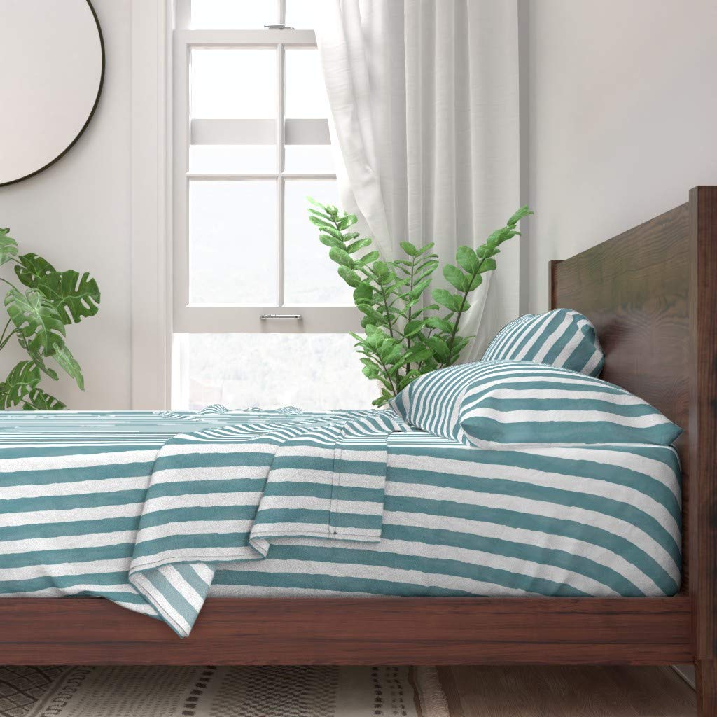 100% Cotton Twin Sheet Set 3pc - Watercolor Stripes Vertical Teal Blue White Geometric Print Custom Bedding | Soft Breathable Sheets for Kids & Guest Rooms | Spoonflower