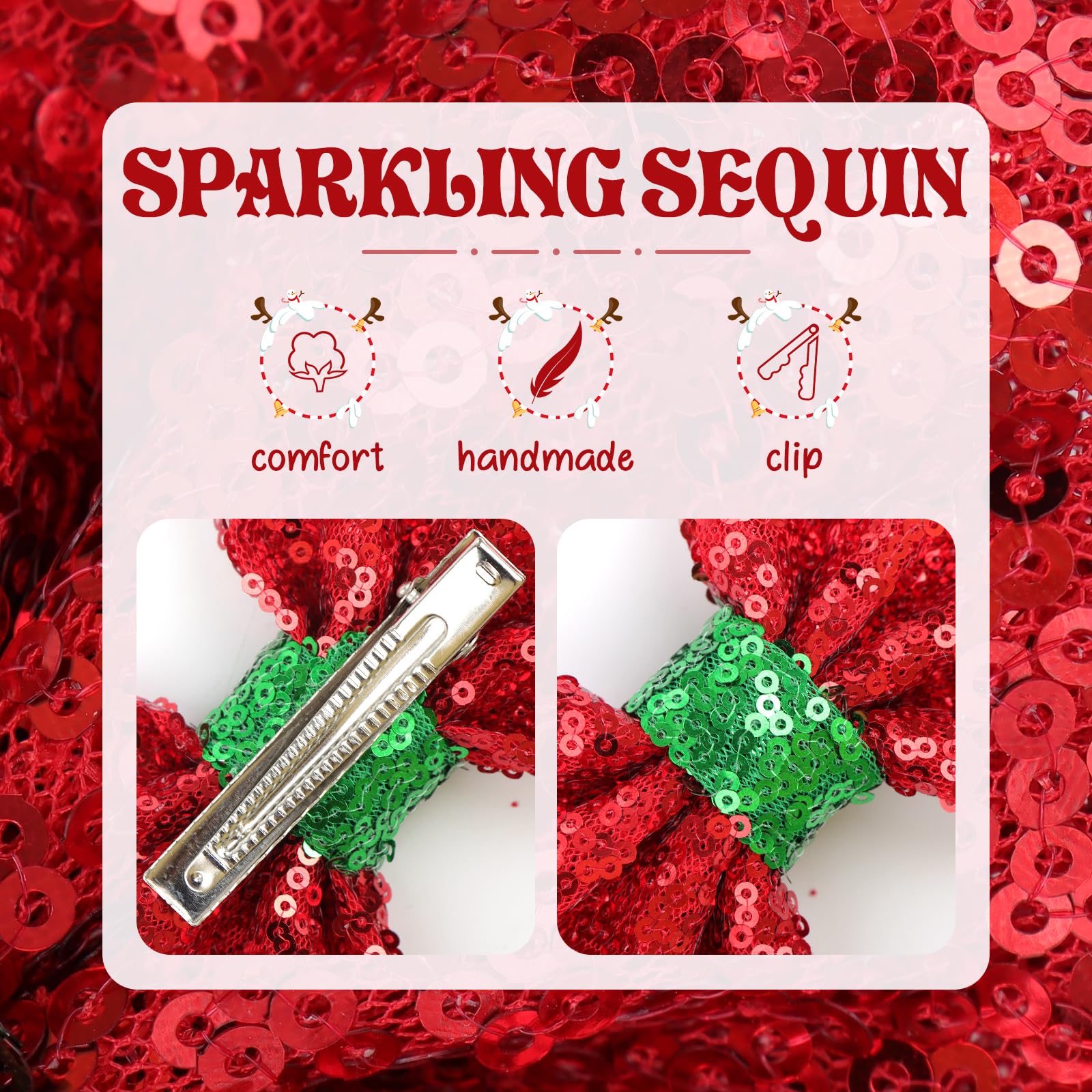 Festive Sequins Hair Bows for Christmas - Red, White, Green Alligator Clips for Girls & Women | Holiday Party Accessories