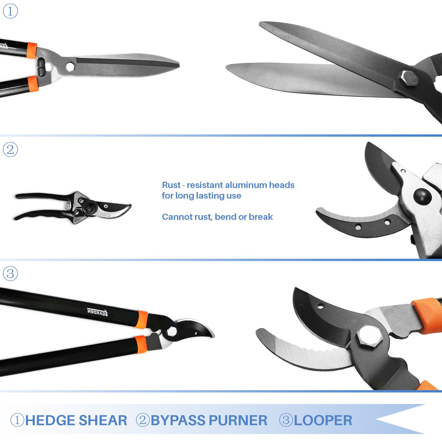 E&K Sunrise 3-Piece Garden Tool Set - Heavy Duty Lopper, Hedge Shears & Pruner for Professional Lawn Care, Tree Trimming & Shrub Maintenance | Perfect for Landscaping, Gardening & Outdoor Yard Work