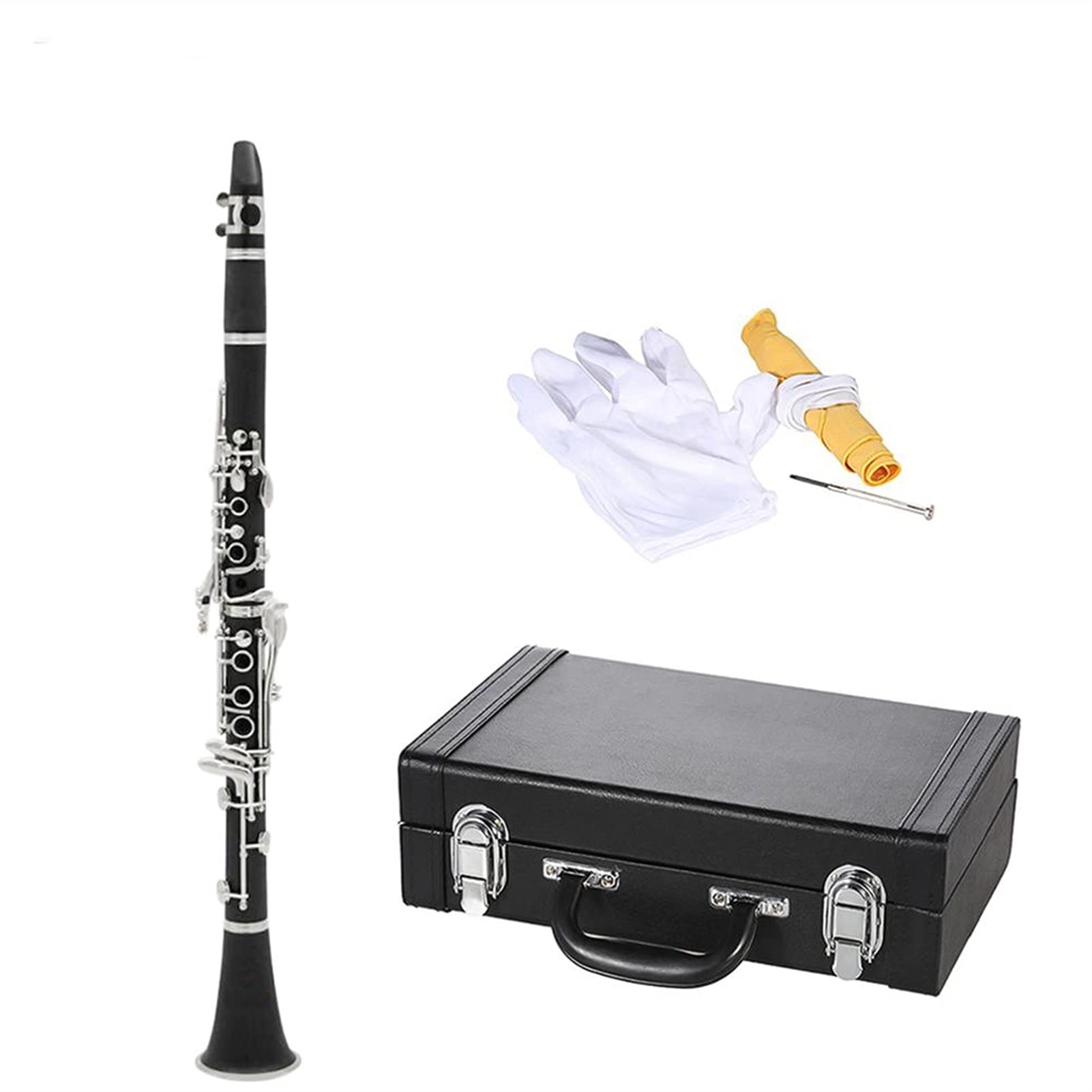 Professional Bb Clarinet for Students - 17 Key ABS Body with Cupronickel Plating | Includes Cork Grease, Cleaning Cloth & Gloves | Perfect for School Bands, Beginners & Woodwind Instrument Practice
