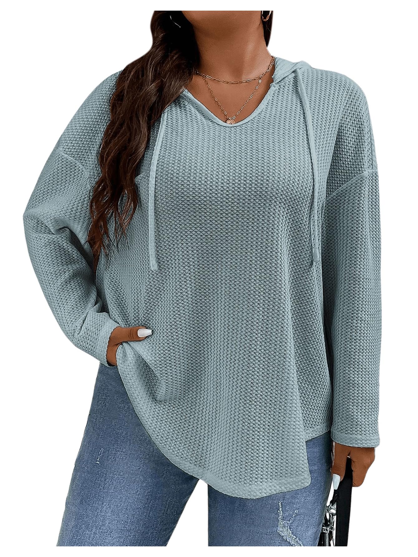 SOLY HUX Women's Plus Size Hoodies - Long Sleeve Drawstring Waffle Knit Pullover Sweatshirt Tops for Casual Wear, Loungewear & Outdoor Activities