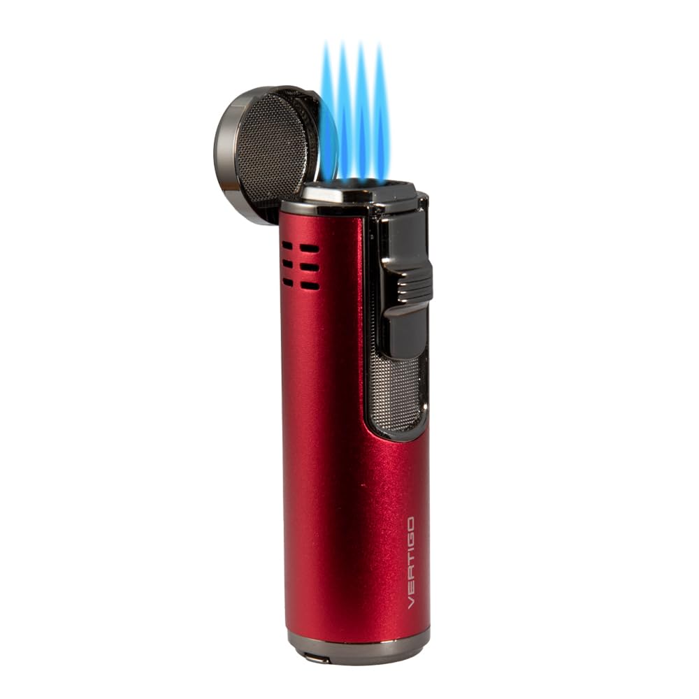 Vertigo Eloquence Quadruple Torch Lighter - Windproof Butane Lighter with Adjustable Flame (Red) - Perfect for Cigars, Camping, BBQ & Outdoor Adventures