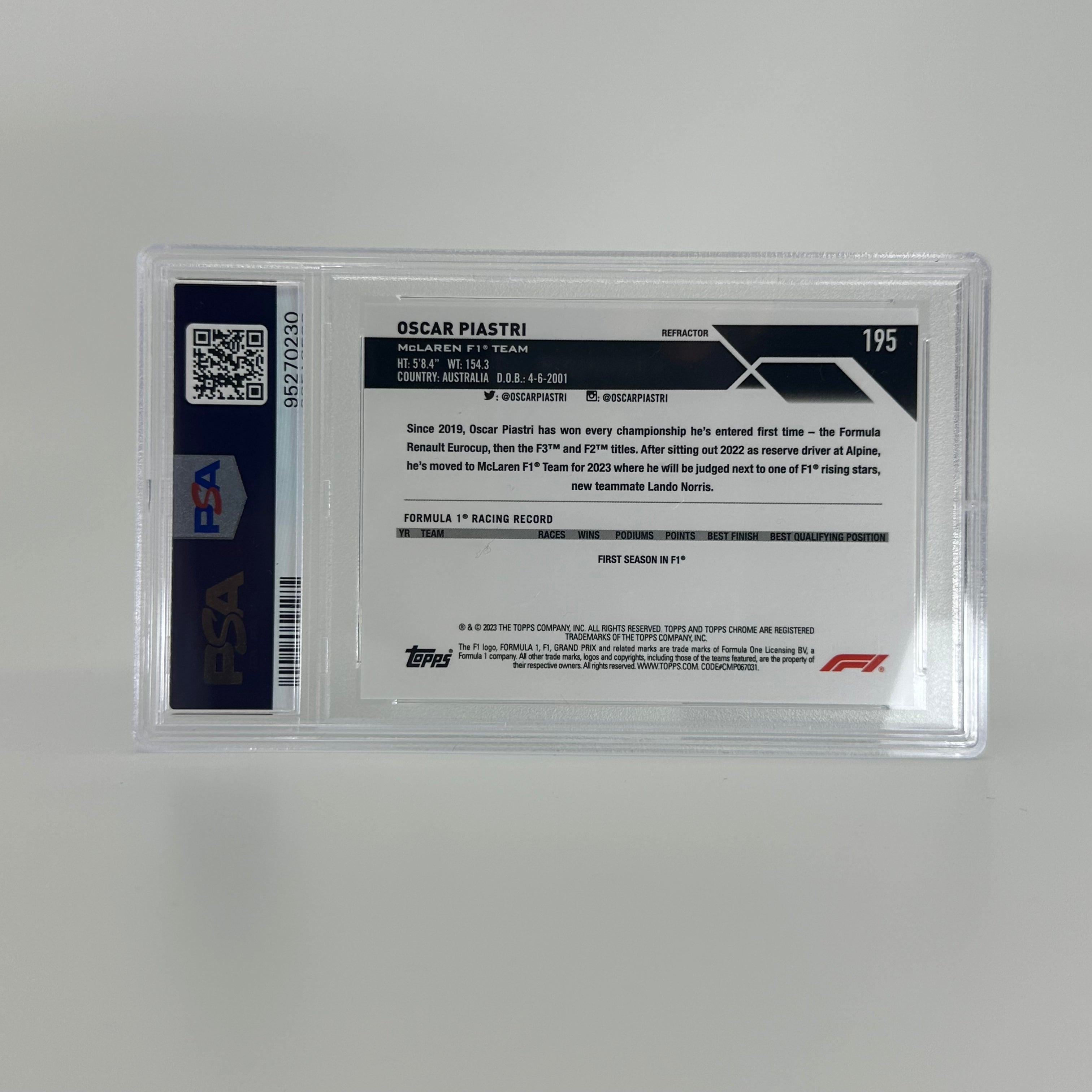 2023 Topps Chrome F1 Oscar Piastri #195 Refractor Rookie Card PSA 8 - Perfect for F1 Collectors, Racing Fans, and Sports Memorabilia Enthusiasts