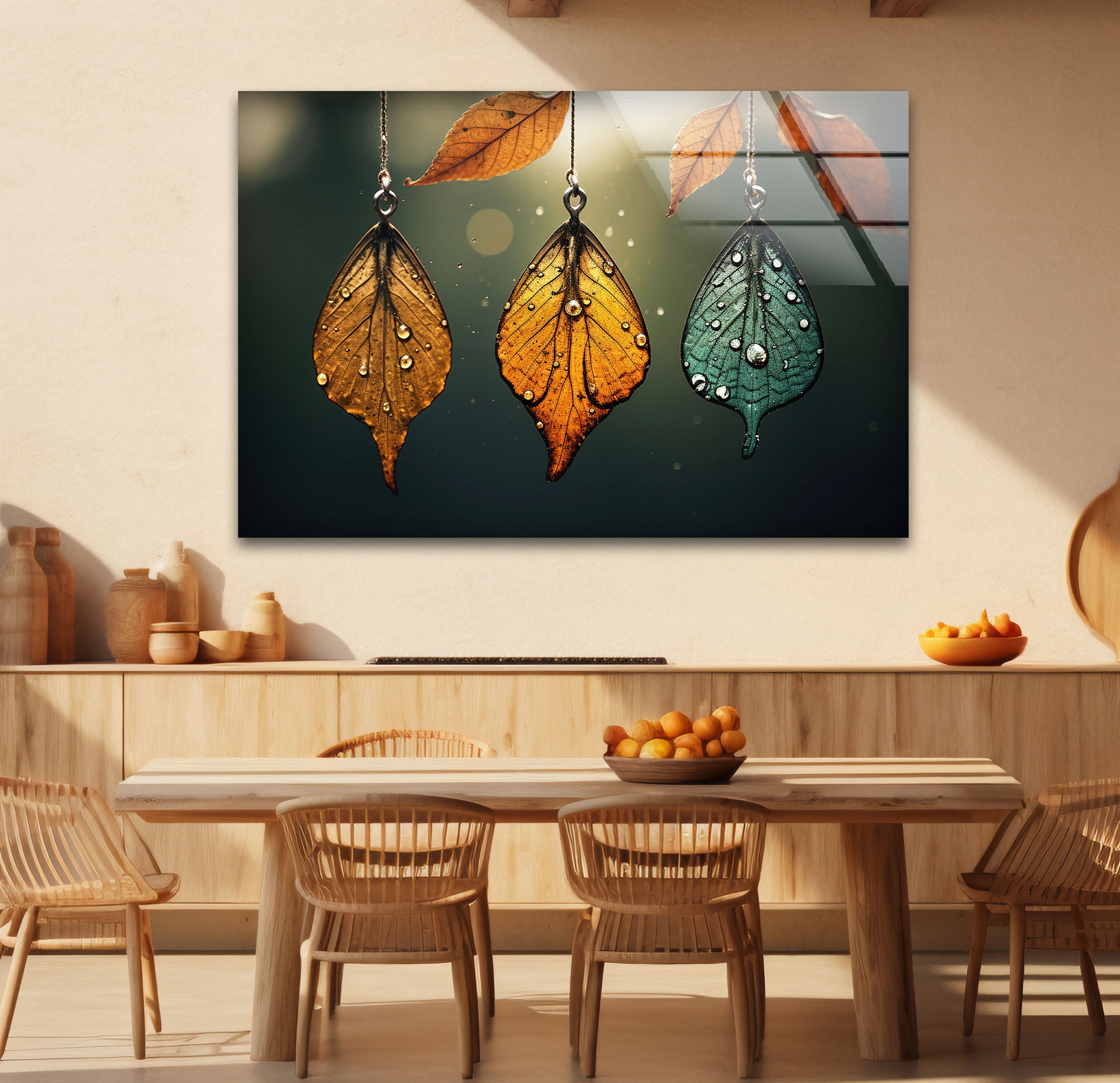 Autumn Dew Leaf Wall Art Print - Elegant Nature Inspired Decor with Golden & Teal Hues - Perfect for Living Room, Bedroom & Office Decor