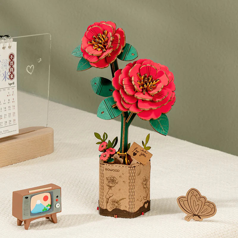 ROBOTIME Red Camellia 3D Wooden Puzzle - DIY Model Building Kit for Adults, Home Decor & Gift Idea | Relaxing Craft Project for Stress Relief & Mindfulness