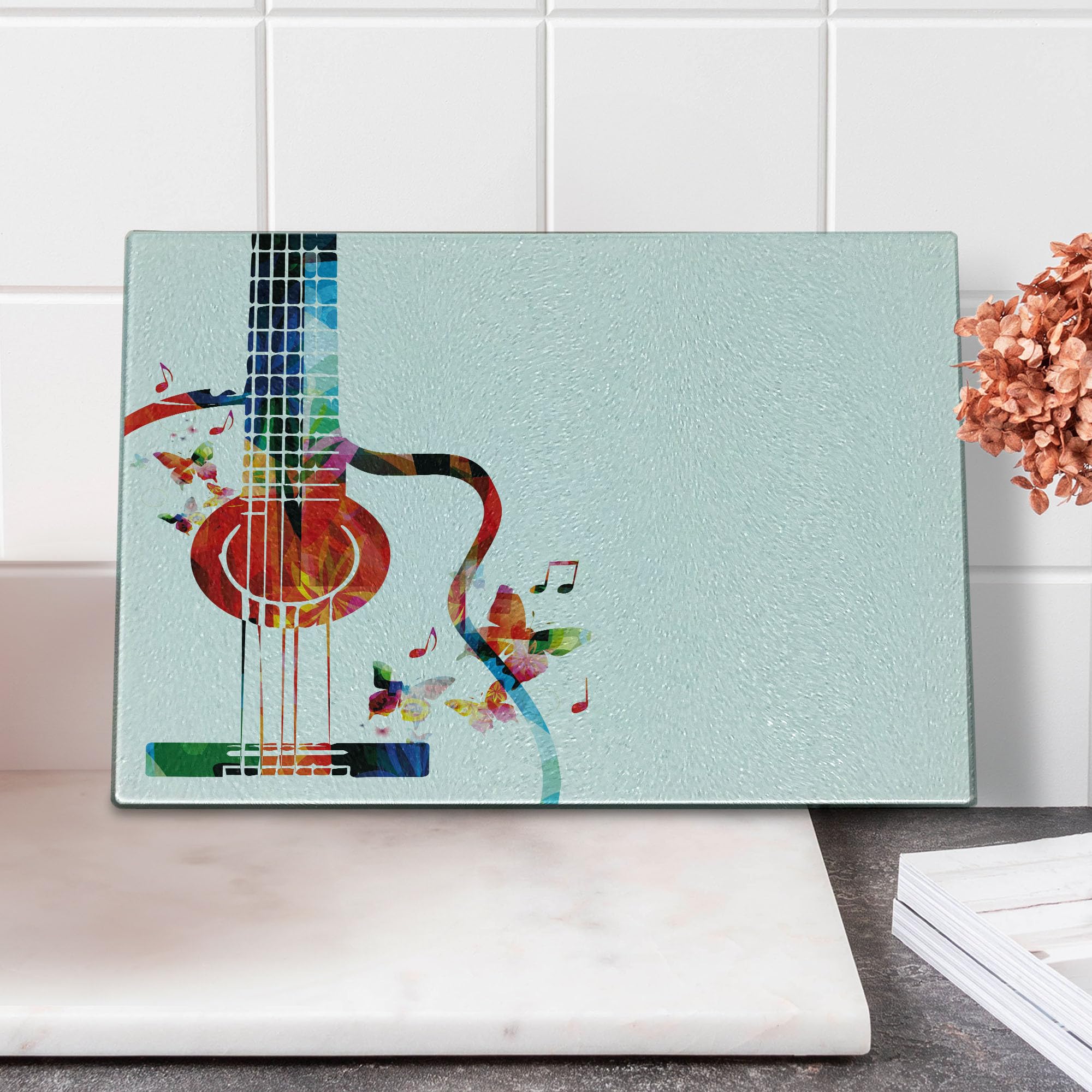 Ambesonne Colorful Guitar Themed Tempered Glass Cutting Board - Small Polygonal Musical Instrument Design with Strings & Butterflies - Decorative Serving Board for Kitchen & Party Use