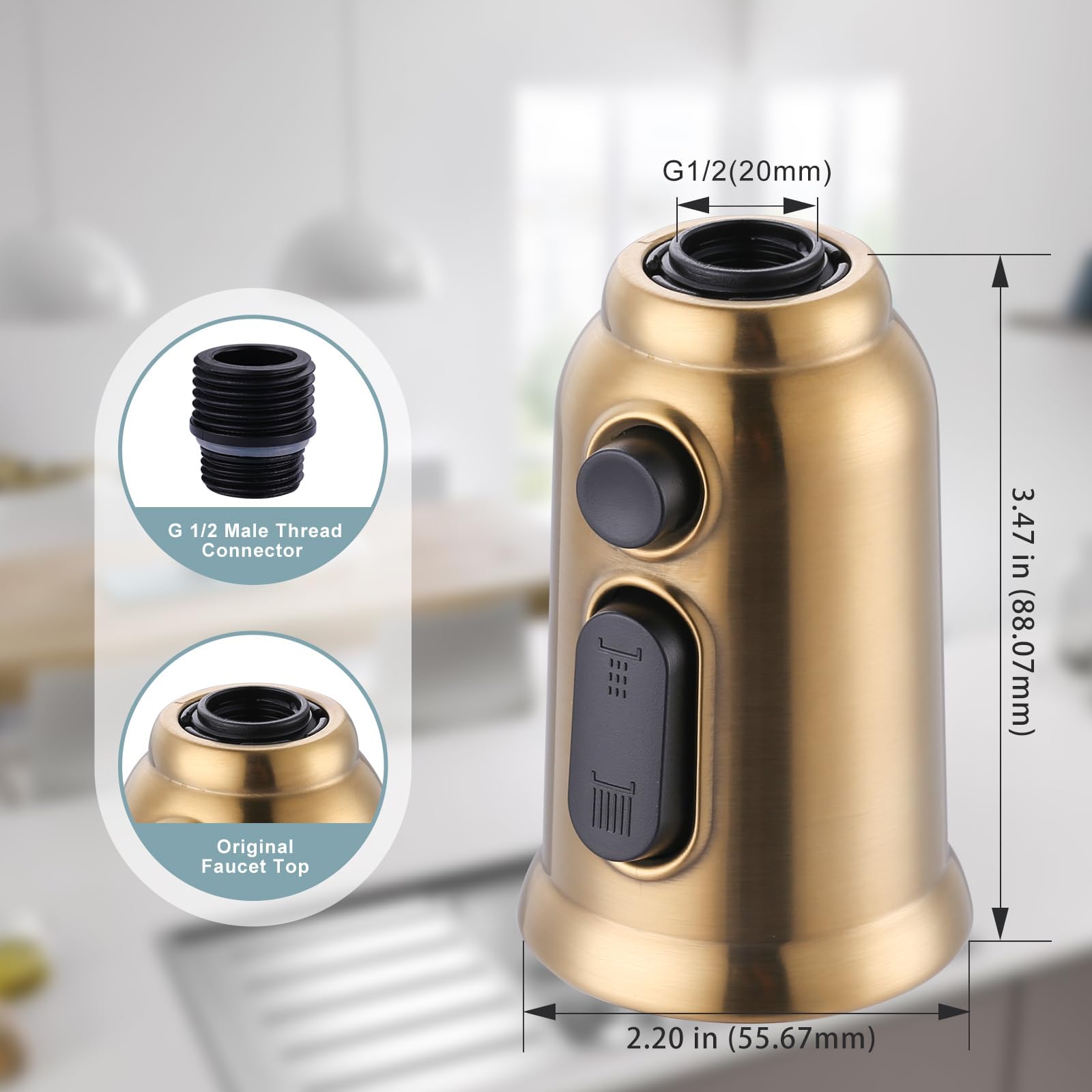 3-Function Pull Down Kitchen Faucet Spray Head Replacement with 9 Adapters - Brushed Gold Sink Nozzle Compatible with American Standard & Most Faucets | Perfect for Washing Dishes, Cleaning Sinks & Food Prep