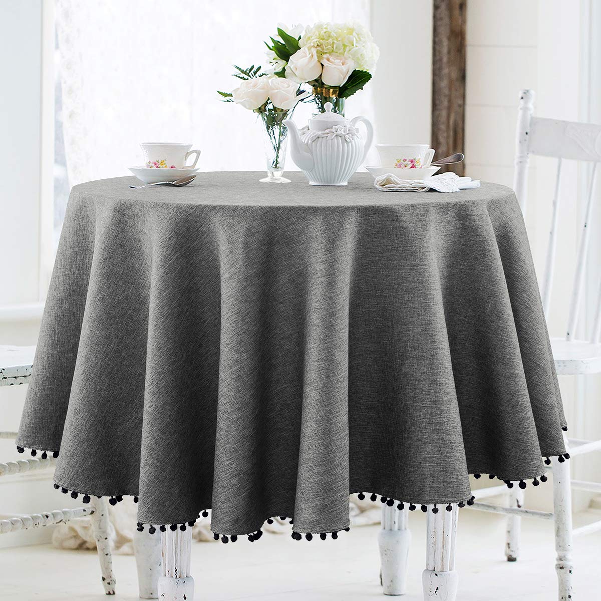 Premium Heavy Duty Linen Tablecloth - 60 Inch Round Stain-Proof Water Resistant Washable Table Cover for Kitchen, Dining Room, Holiday Decor (Grey) | Elegant Pompom Tassel Design for Weddings, Parties & Home Decor