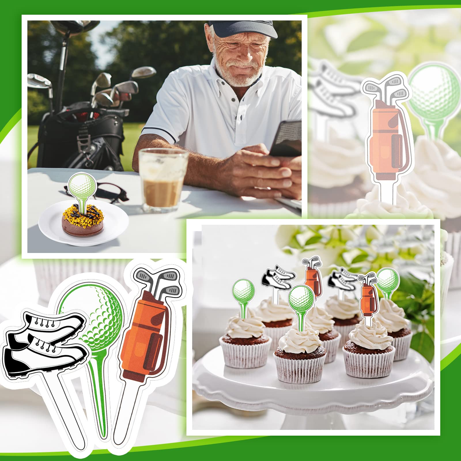 Golf Theme Cupcake Toppers - 48 Pcs Golf Shoe, Golf Bag & Golf Ball Cake Decorations for Birthday Parties, Baby Showers & Golf Themed Events - Perfect for Dessert Table Decor & Party Favors