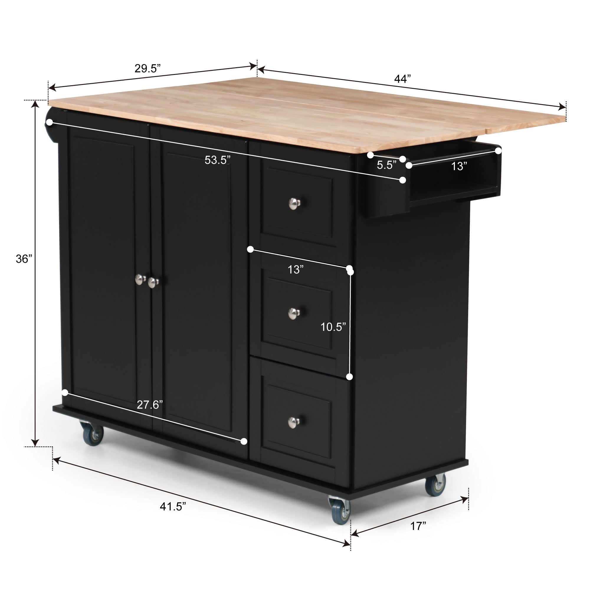PHI VILLA Black Rolling Kitchen Island with Storage - Portable Drop Leaf Cart for Small Kitchens