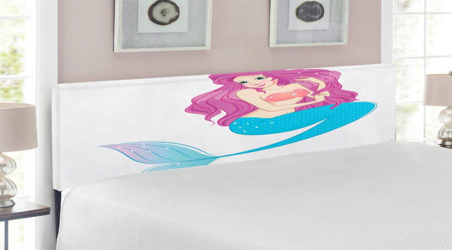 Ambesonne King Size Upholstered Metal Bed Headboard with Memory Foam - Mermaid Playing with Hair Folk Art Design in Turquoise, Fuchsia & White | Mythical Character Cartoon Headboard for Coastal, Fantasy or Kids' Bedroom Decor