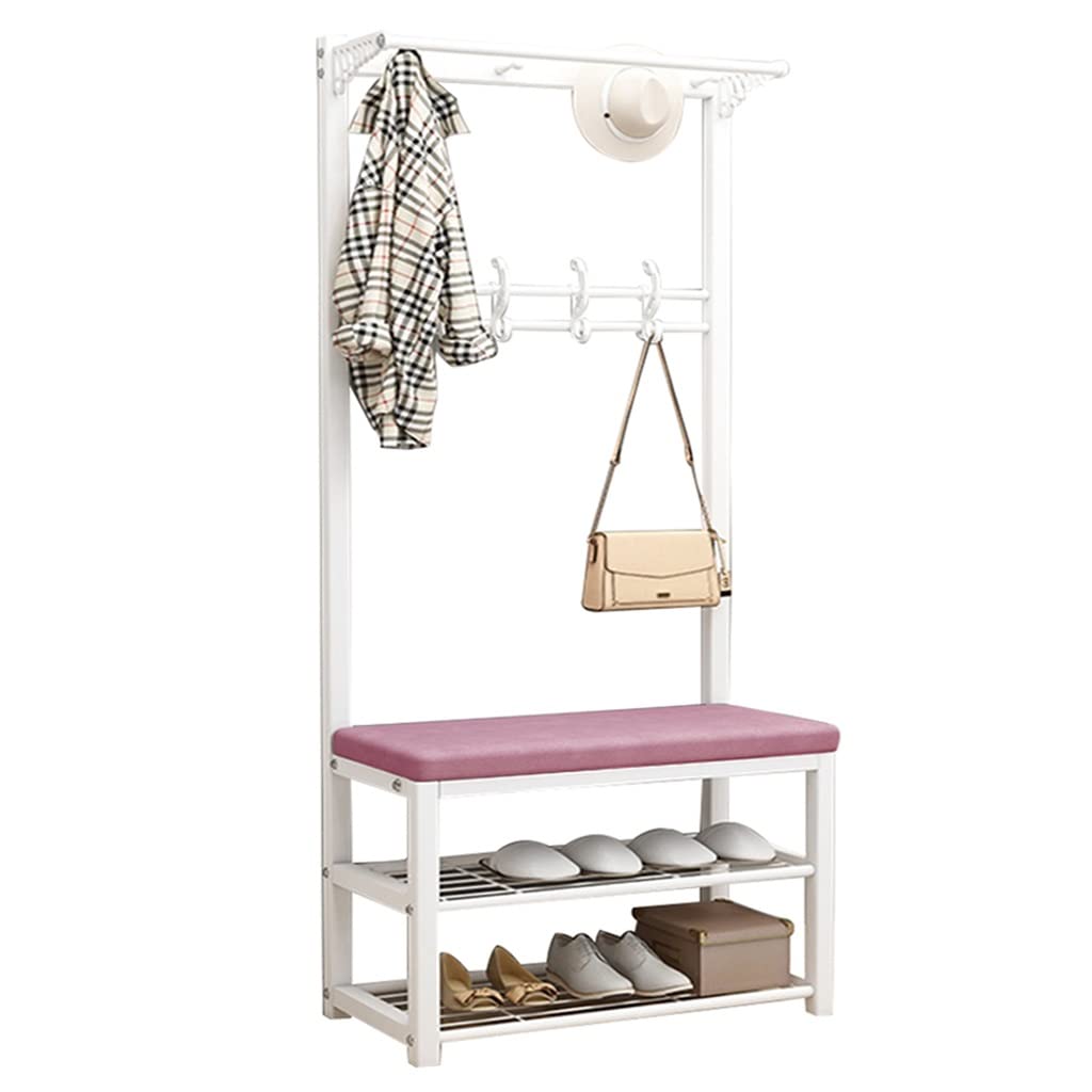 TCXSSL 4-in-1 Entryway Hall Tree with Shoe Bench - Coat Rack with 12 Hooks & 2 Hanging Rods, Storage Bench & Shoe Organizer - Pink Metal Frame (80x33x170cm) - Perfect for Entryway, Mudroom, Hallway & Small Space Organization
