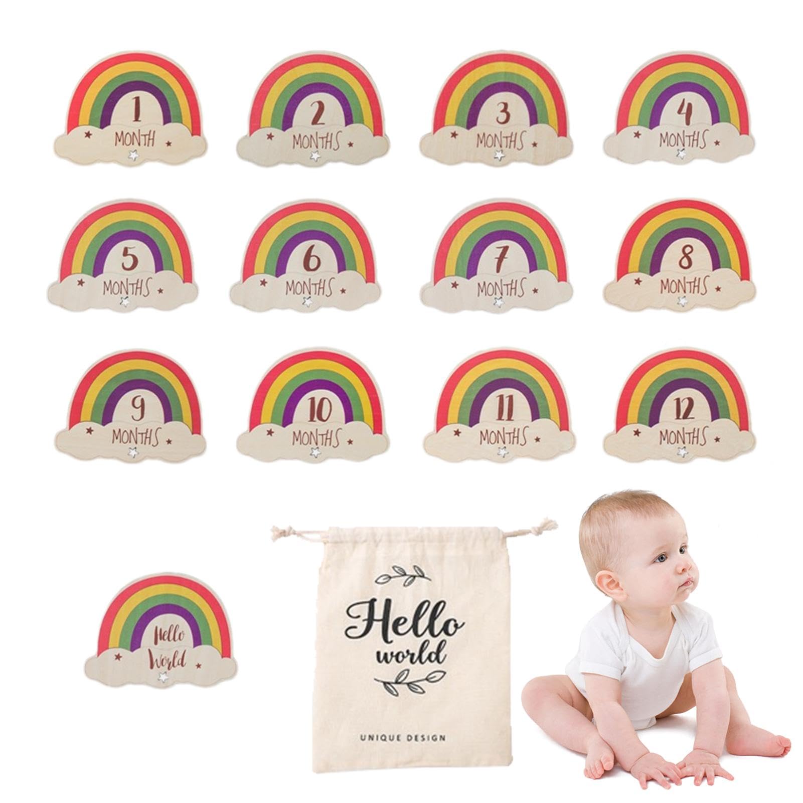 Rainbow Milestones Cards - Wooden Baby Monthly Signs, Colorful Baby Month Announcement, Baby Growth Tracker for Newborns & Infants - Perfect for Baby Showers, Monthly Photos, and Milestone Celebrations