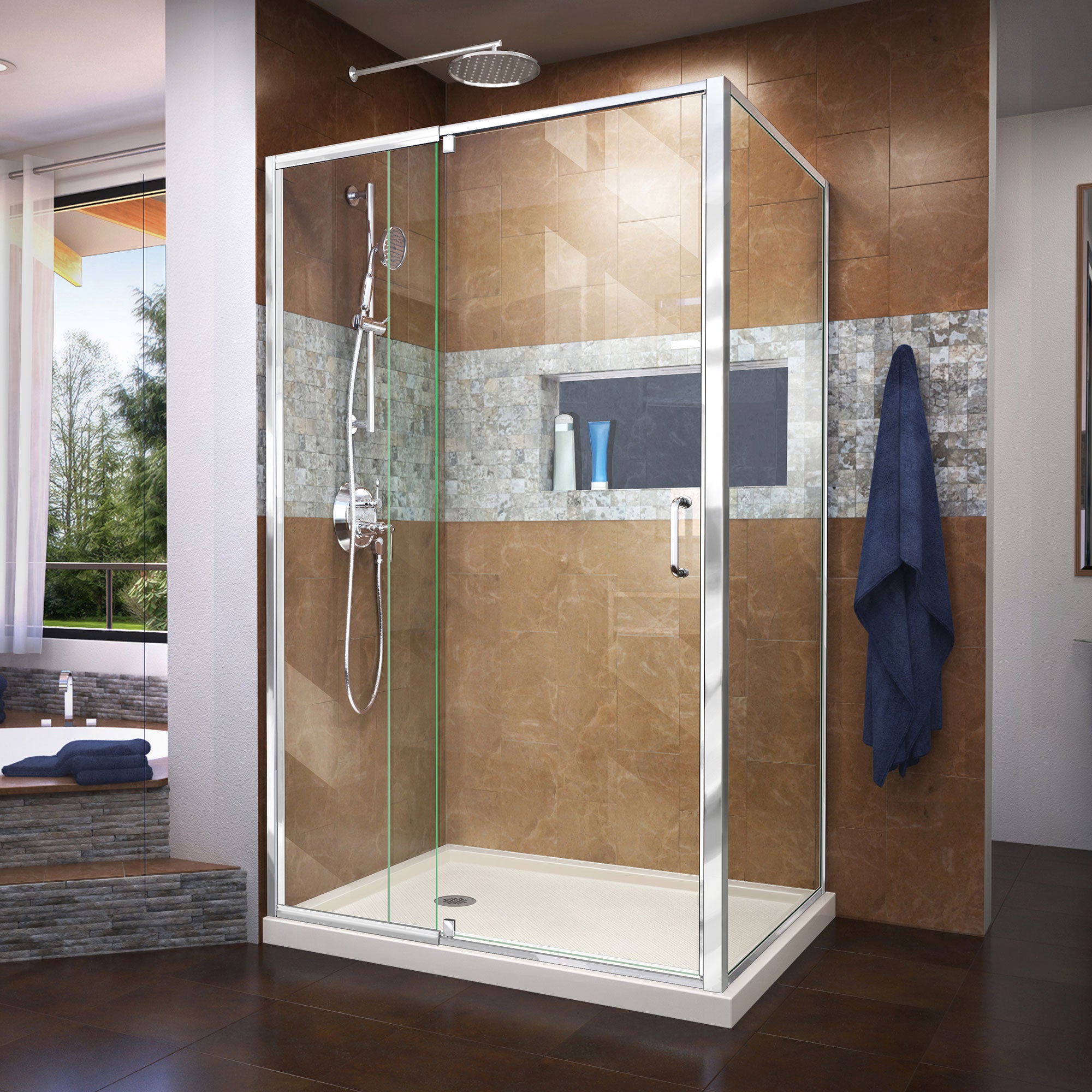DreamLine Flex 36x48x74.75 Inch Semi-Frameless Pivot Shower Enclosure Kit with SlimLine Base - Modern Bathroom Upgrade for Small Spaces, Easy Installation for Home Renovation