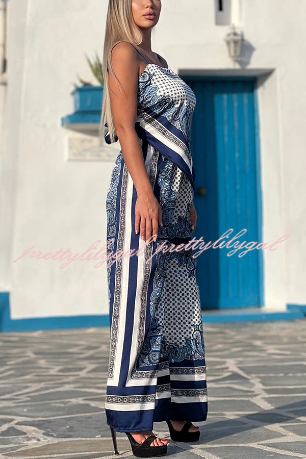 Fashionable Printed Sling Backless Strappy Top with Elastic Waist Loose Pants Set - Women's Casual Outfit for Summer Beach, Vacation and Streetwear
