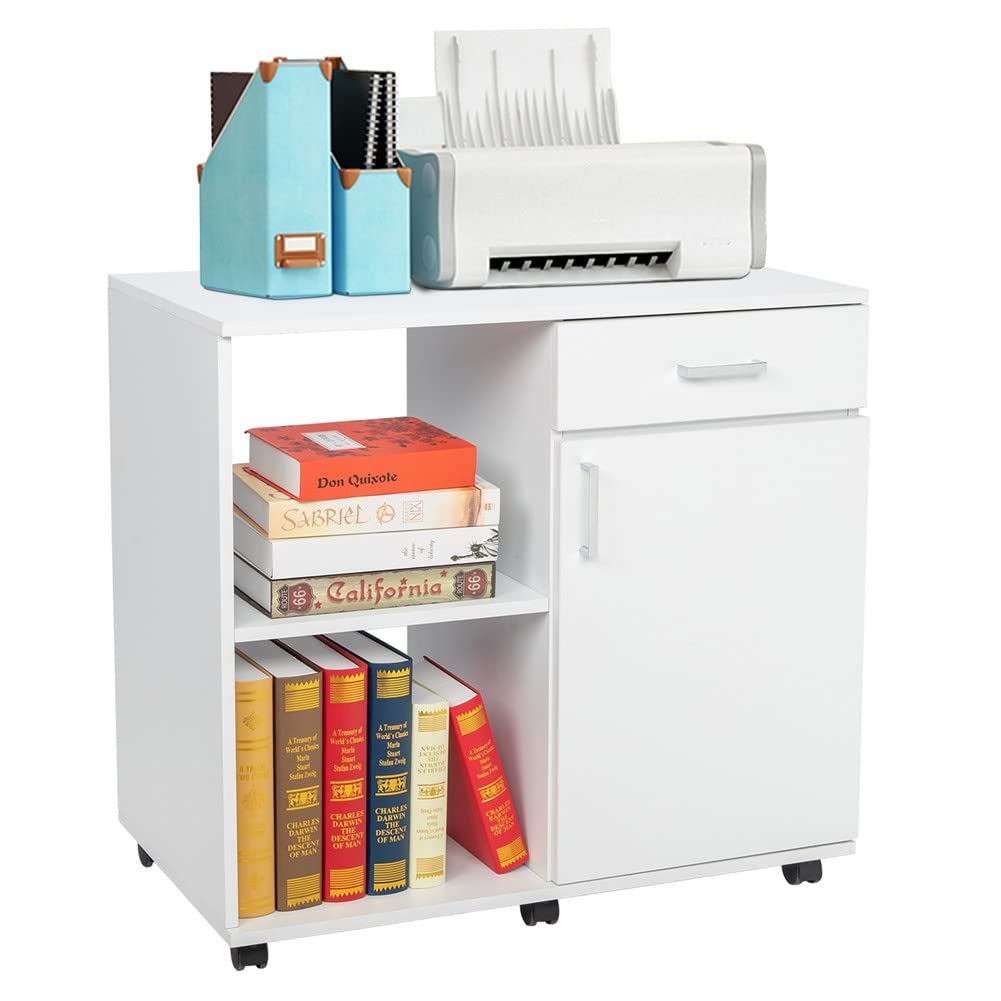 Wooden Mobile Lateral File Cabinet with Open Storage Shelves & Wheels - Home Office Printer Stand & Organizer for Documents, Supplies & Stationery | Perfect for Small Spaces & Rolling Storage Needs