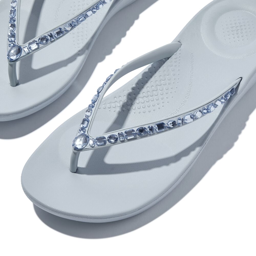 FitFlop Iqushion Multi Crystal Flip Flops Sandals for Women - Comfortable Orthopedic Arch Support - Quiet Blue | Perfect for Beach, Pool, and Summer Vacation Outfits