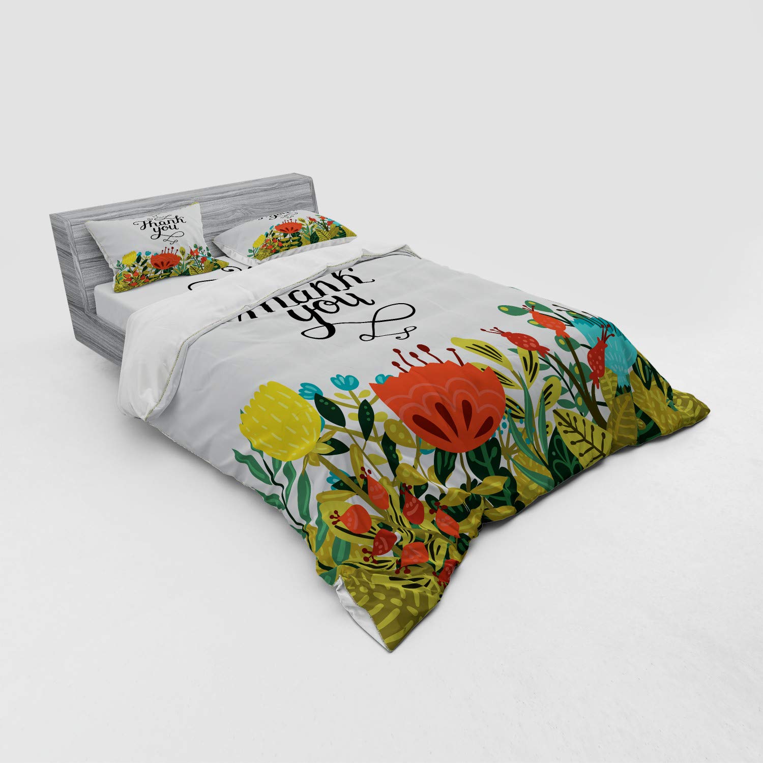 Ambesonne Floral Queen Size 4-Piece Bedding Set - Handwritten Thank You Words with Botanical Flowers & Leaves Design, Duvet Cover, Shams & Fitted Sheet - Perfect for Guest Rooms, Master Bedrooms & Cozy Home Decor