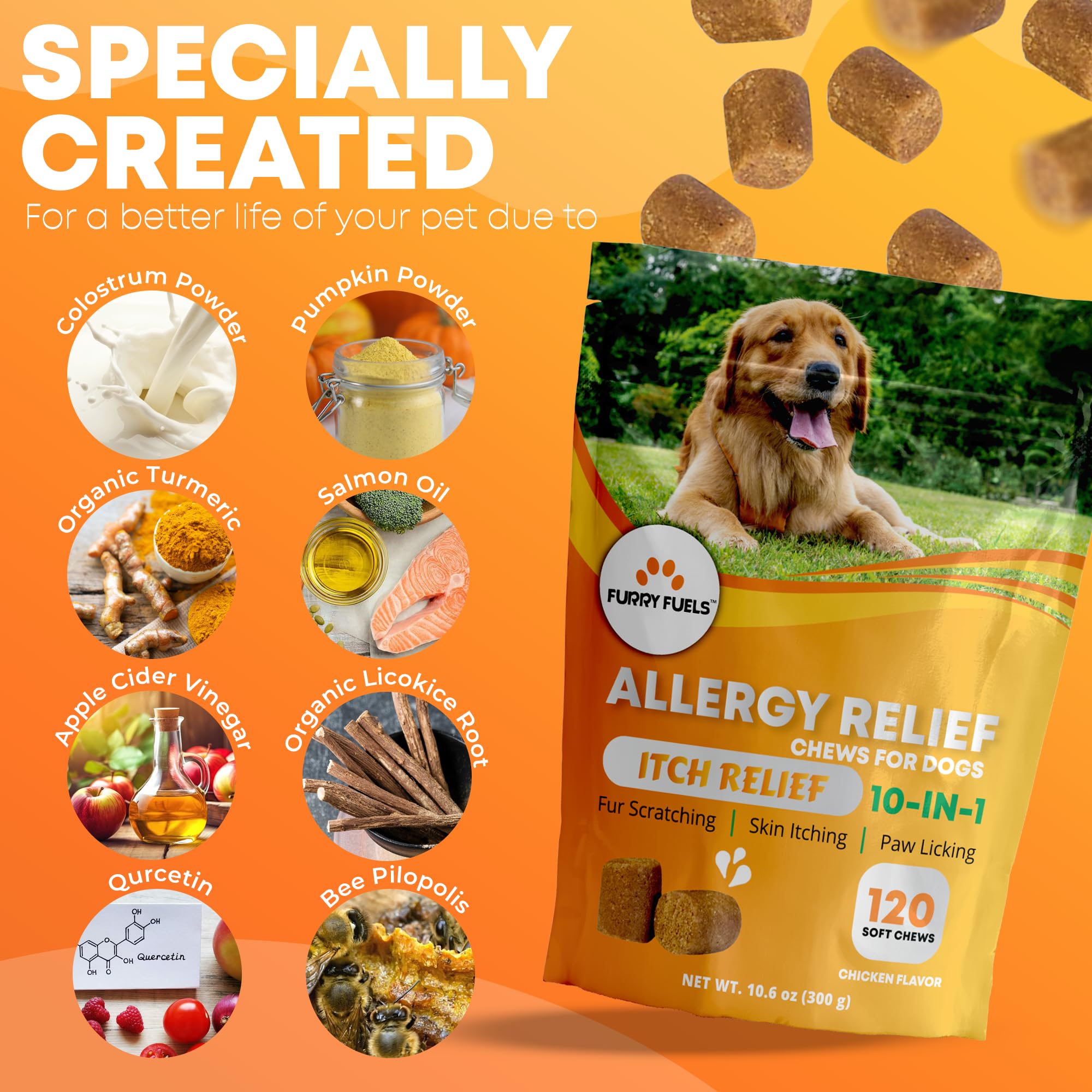 Dog Allergy Relief Chews - 120 Count | Itch & Skin Support for Seasonal Allergies | 10-in-1 Probiotic Supplement for Dogs with Chicken Flavor | Promotes Healthy Coat & Skin | Perfect for Itchy Dogs with Allergies or Sensitive Skin