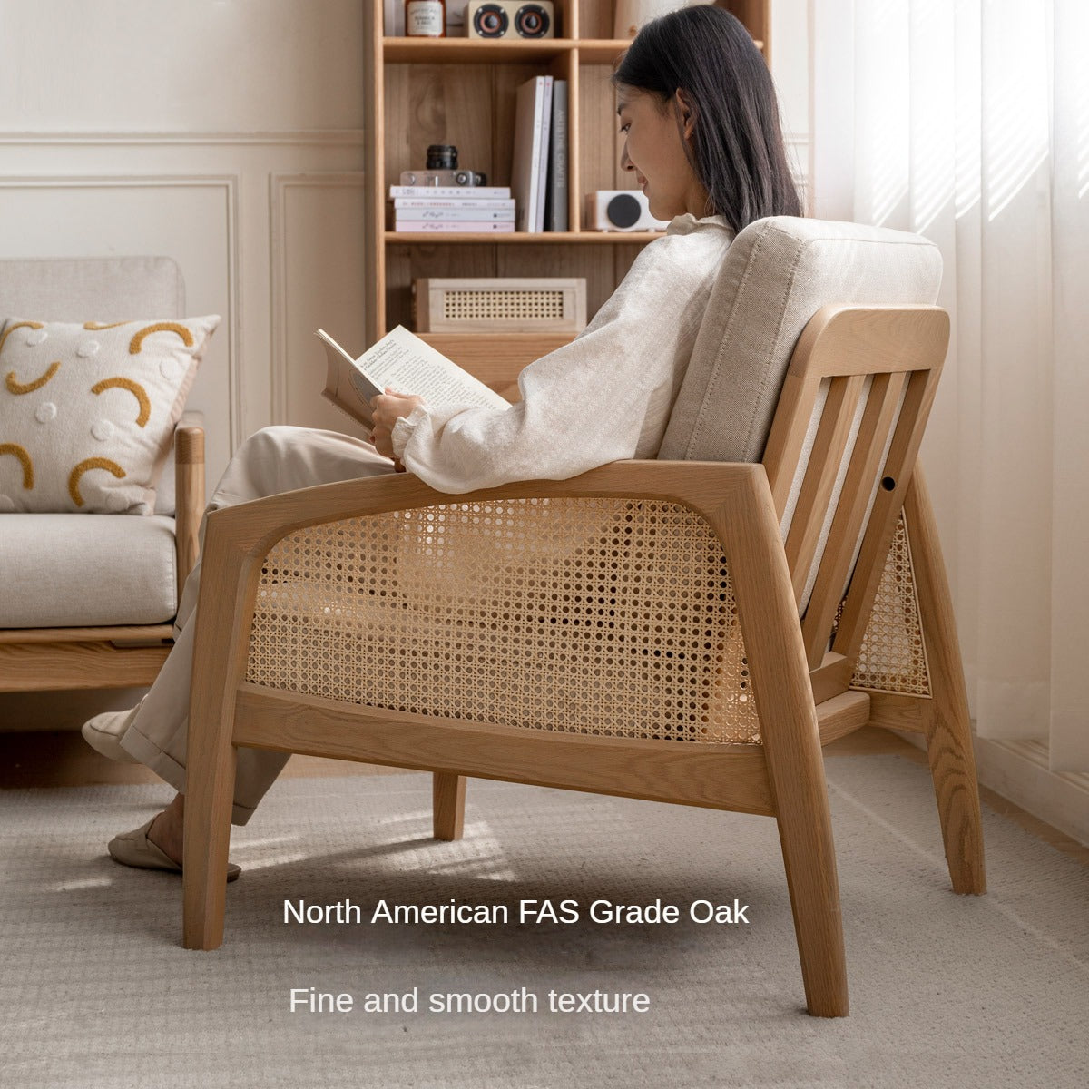 Solid Oak Wood Armchair with Milky Skin Tone Finish and Rattan Accents - Perfect for Living Room, Bedroom, or Office Decor