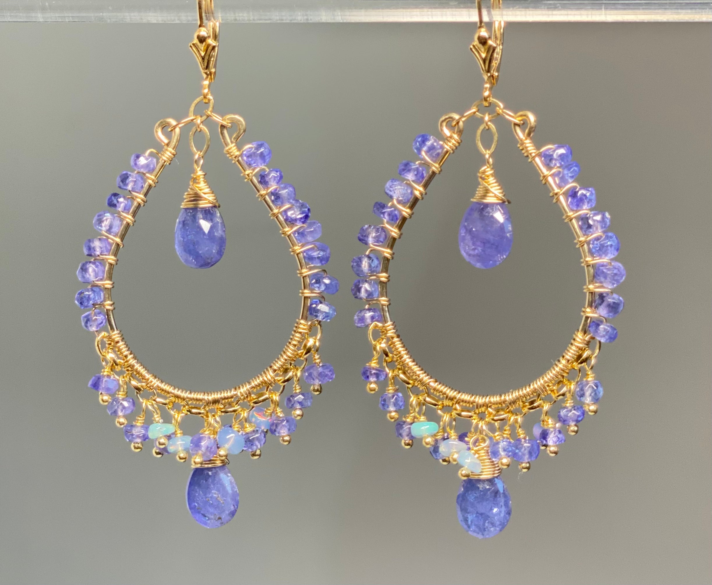 14K Gold Filled Tanzanite & Opal Hoop Earrings for Women – Elegant Dangle Earrings for Party, Wedding & Everyday Wear