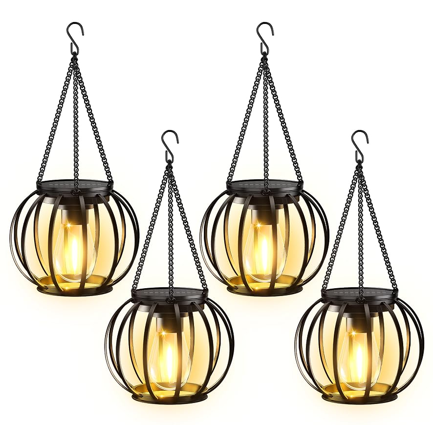 KOOPER 4 Pack Upgraded Solar Lanterns - Waterproof Outdoor Hanging Lights with Auto On/Off, Brighter Metal Solar Lights for Yard, Garden, Patio & Pathway Decor - Perfect for Camping, Backyard Parties & Evening Ambiance