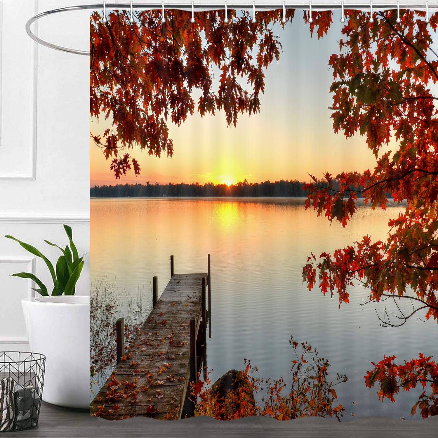 Autumn Maple Leaf Shower Curtain Set - 72x72 Inch Thanksgiving & Halloween Bathroom Decor with Hooks, Waterproof Fabric Bath Curtain for Fall Season | Perfect for Cozy Seasonal Home Decor