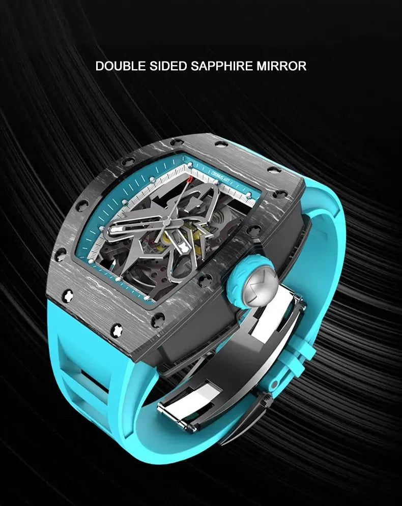 Premium CRONUSART Men's Automatic Skeleton Watch - Luxury Tonneau Design with Carbon Fiber Case, Luminous Hands & Fluororubber Strap - Perfect for Business, Formal Events & Gift Giving