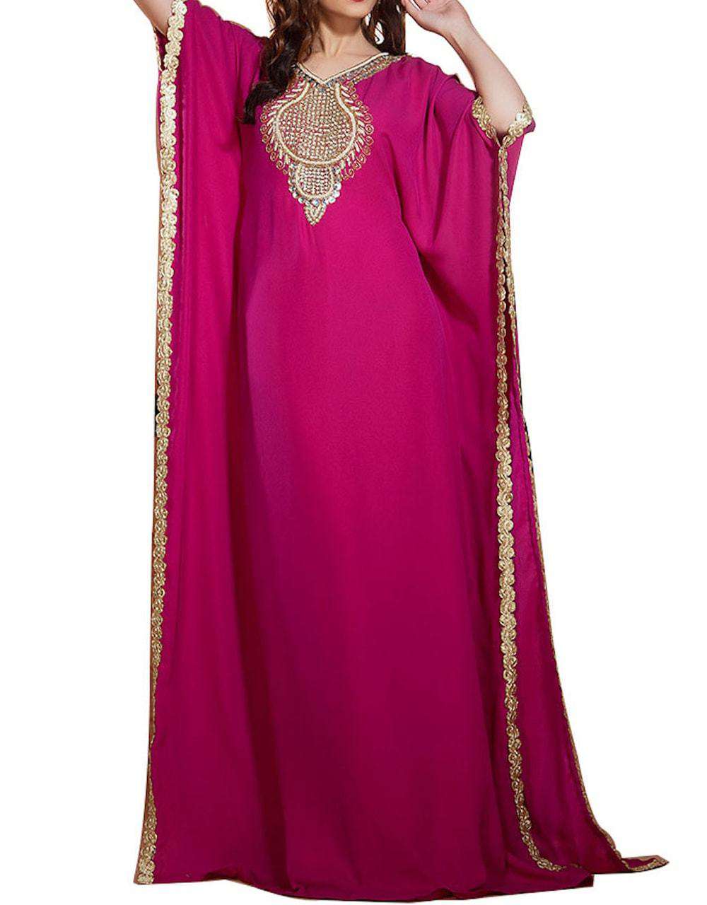 Handmade Beaded Georgette Fuchsia Kaftan Dress - Free Size Arabic Abaya for Women | Perfect for Eid, Wedding & Special Occasions