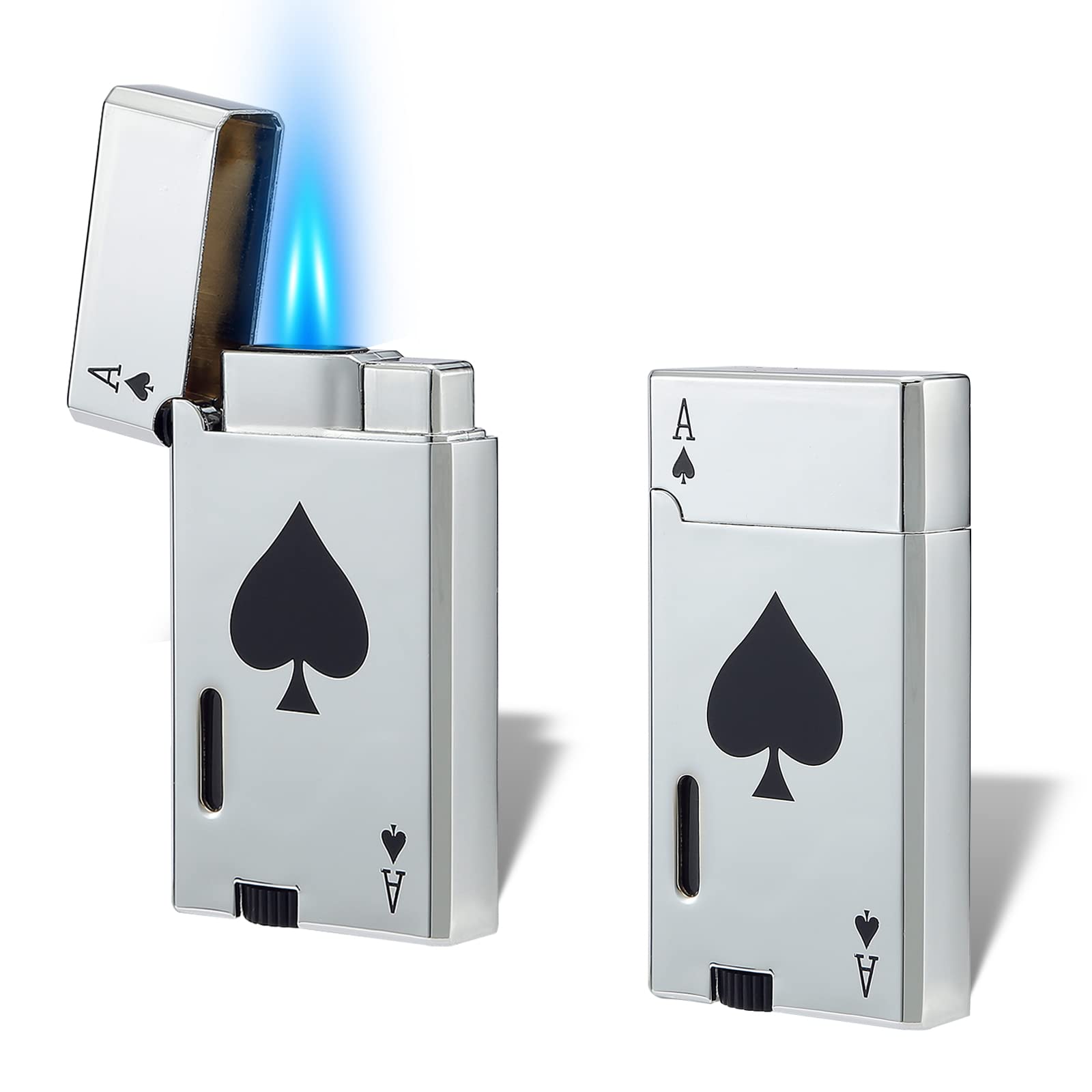 Yeuligo 2 Pack Double Flame Butane Torch Lighter Refillable - Adjustable Jet Flame with Visible Window - Classic Pocket Lighter for Men & Women (Ace Silver) - Perfect for Cigars, Camping & Outdoor Use