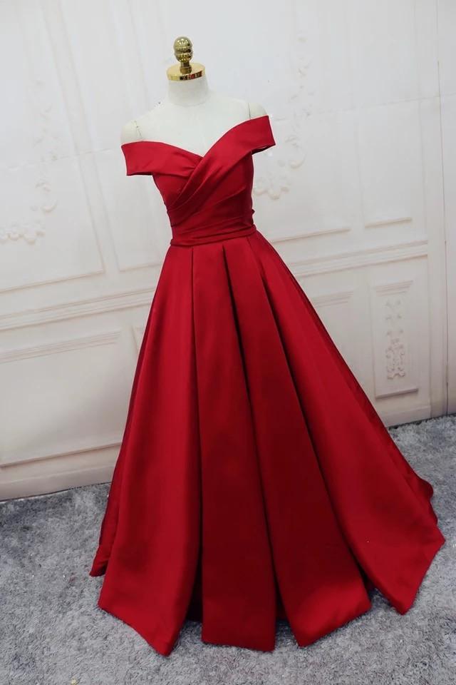 Elegant Burgundy Satin Off-The-Shoulder Ball Gown Evening Dress for Prom, Wedding & Formal Events - Plus Size Options Available