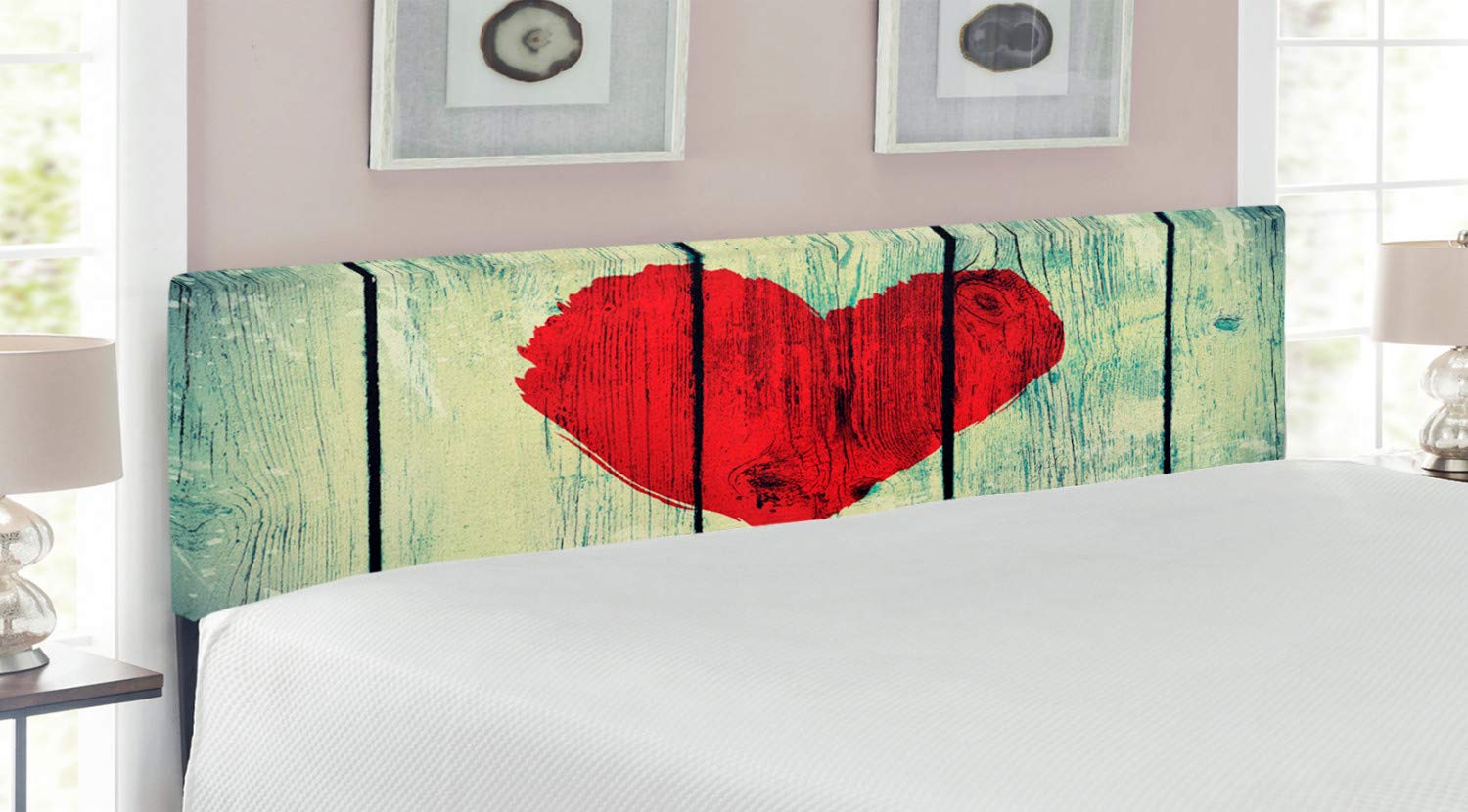 Ambesonne Love Themed King Size Headboard - Rustic Wooden Wall Design with Heart Painting, Upholstered Metal Frame & Memory Foam (Red & Pale Green) - Perfect for Romantic Bedroom Decor & Master Suite Styling