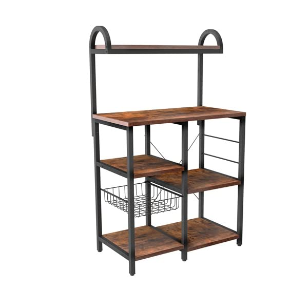 Bigbiglife 5-Tier Bakers Rack with Storage Shelves - Rustic Brown Microwave Stand, Coffee & Wine Bar Cabinet - Freestanding Kitchen Organizer with 4 S-Hooks - 35.4” x 15.75” x 51.77” - Perfect for Kitchen, Living Room, Dining Area & Small Space Organization