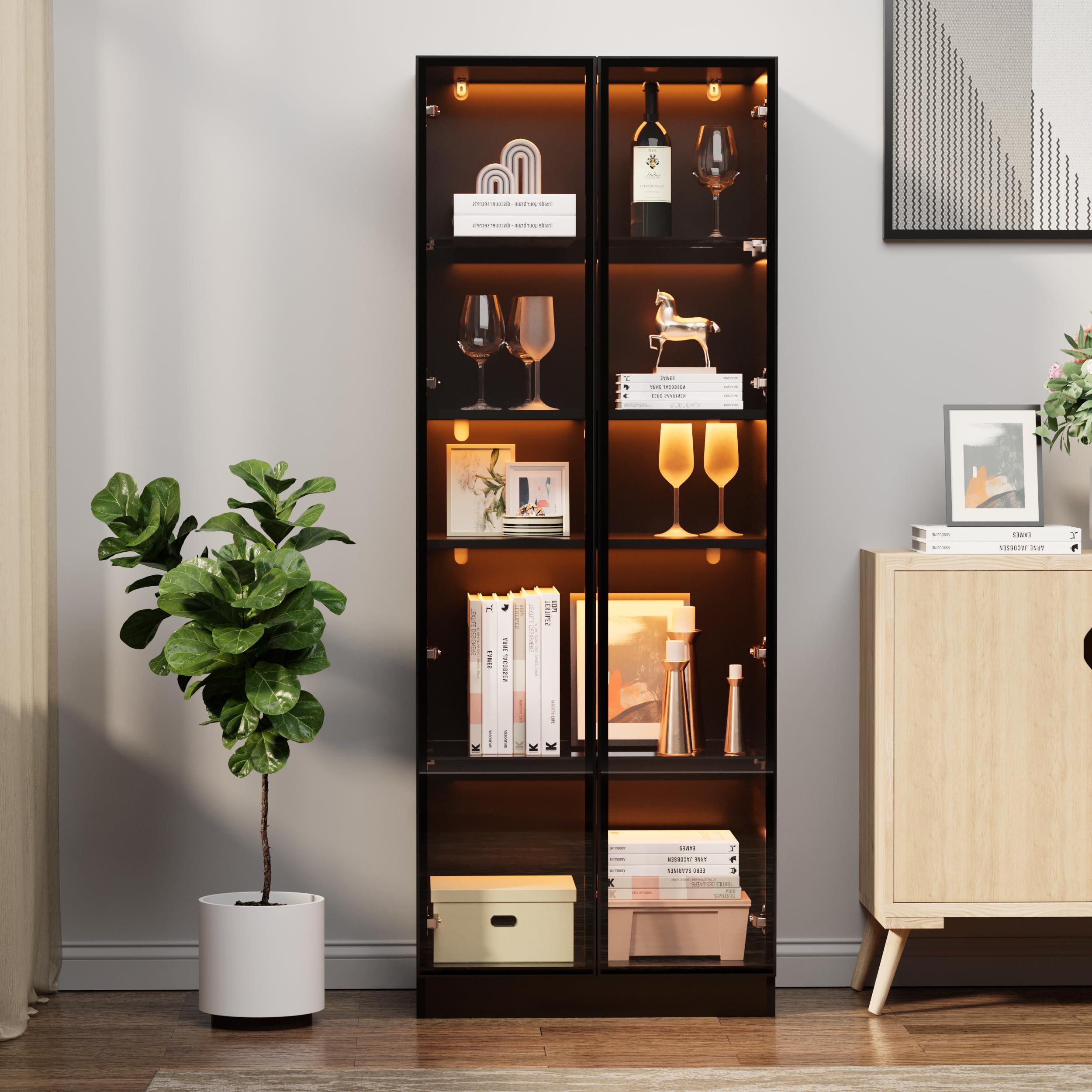 5-Tier Glass Display Cabinet with LED Lights - Aluminum Alloy Frame & 2 Glass Partitions - Black Trophy Case for Collectibles, Awards & Memorabilia - Perfect for Home, Office or Retail Store Displays