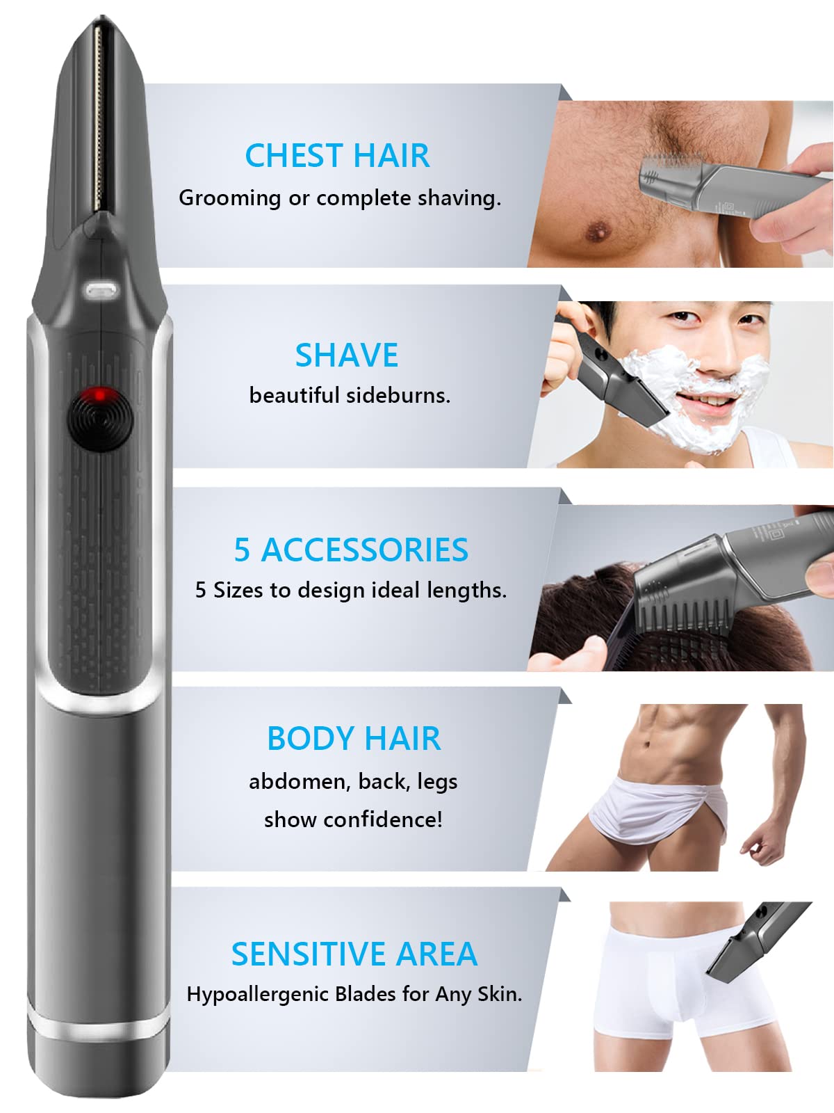 Men's Body Hair Trimmer - Electric Shaver for Neck, Back, Facial & Beard Grooming | Long Handle Hair Cutting Comb | Self Haircut Kit for Men | Perfect for Home Use, Travel & Personal Grooming