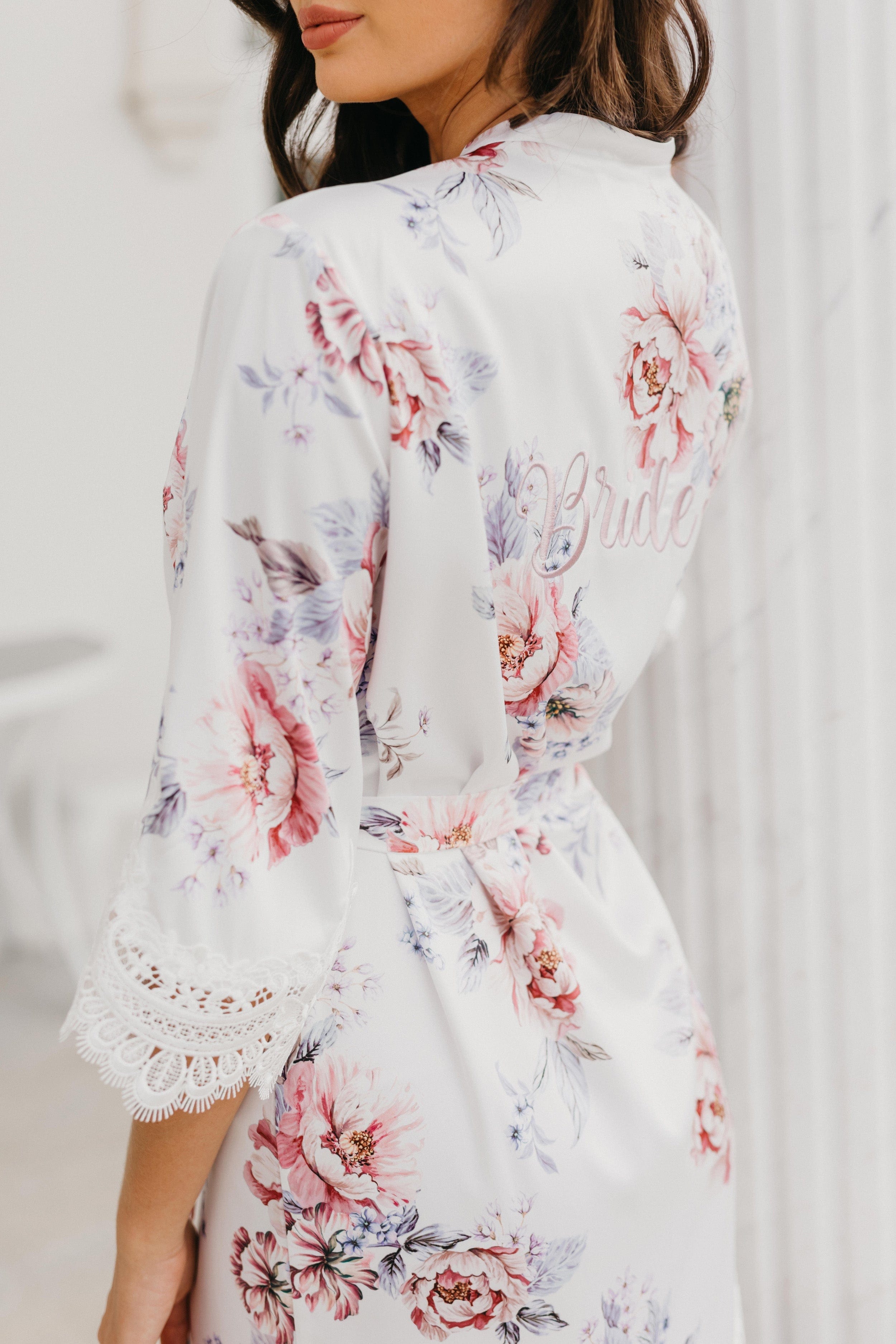 Serena Veiled Rose Printed Lace Trim Satin Robe - Elegant Bridal Lingerie & Boudoir Dress for Wedding Night, Honeymoon & Romantic Occasions