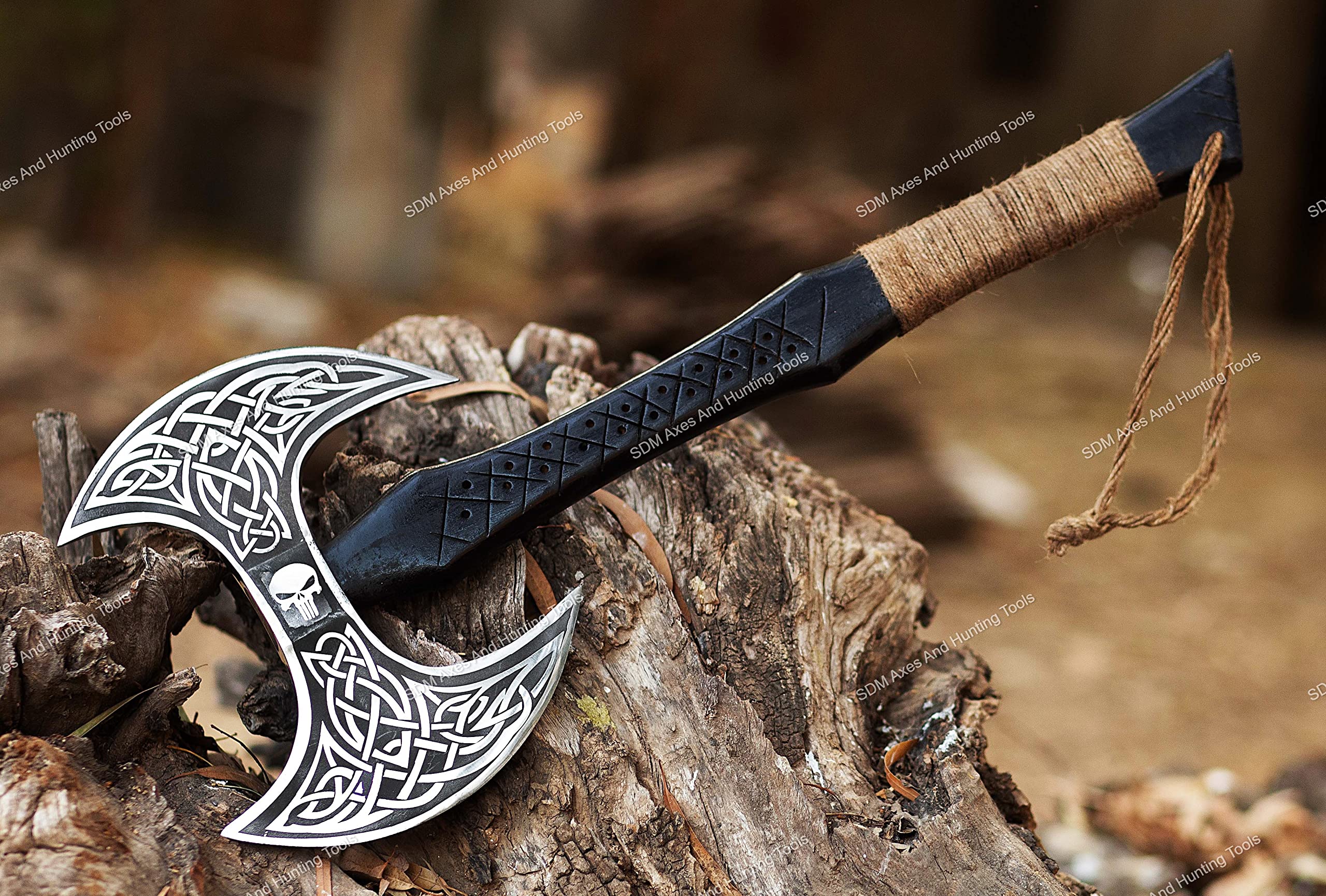 Handmade Viking Double Head Battle Axe with Etched Stainless Steel Blades & Ash Wood Handle - Fantasy Camping, Survival, Wood Chopping Axe - Black & Brown (SDM-106) for Outdoor Adventures, LARP & Medieval Reenactments