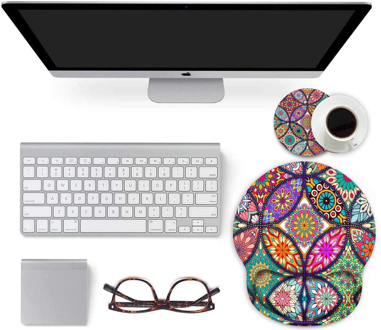Ergonomic Mouse Pad with Gel Wrist Rest Support - Non-Slip PU Base for Pain Relief - Round Mandala Design Computer Mouse Mat for Office, Gaming & Work - Includes Bonus Mandala Cup Coaster (Perfect for Long Hours of Typing & PC Use)