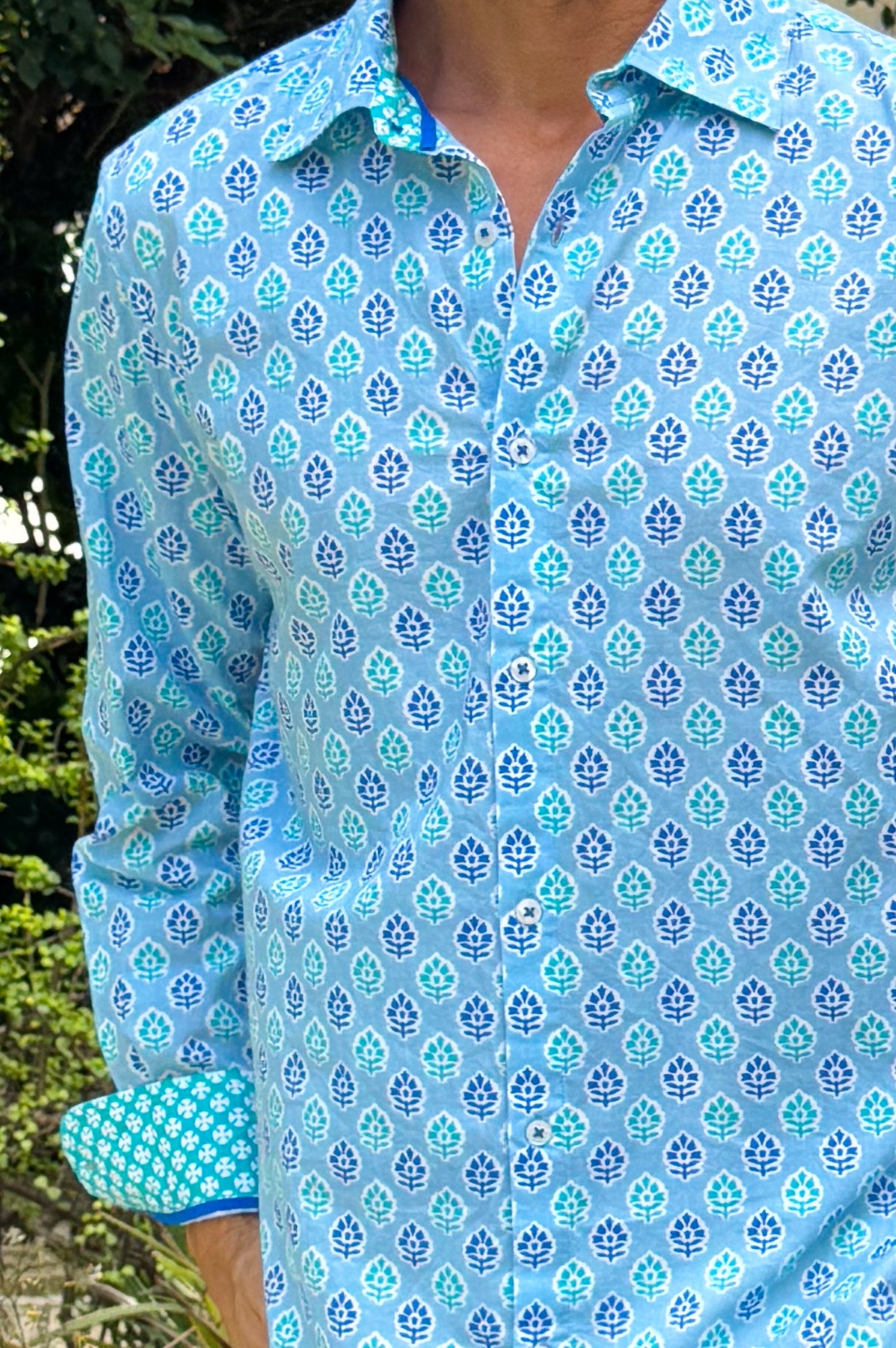 Organic Cotton Men's Shirt - Hyacinth Blue & Turquoise | Breathable Casual Button Down for Work, Travel & Outdoor Activities