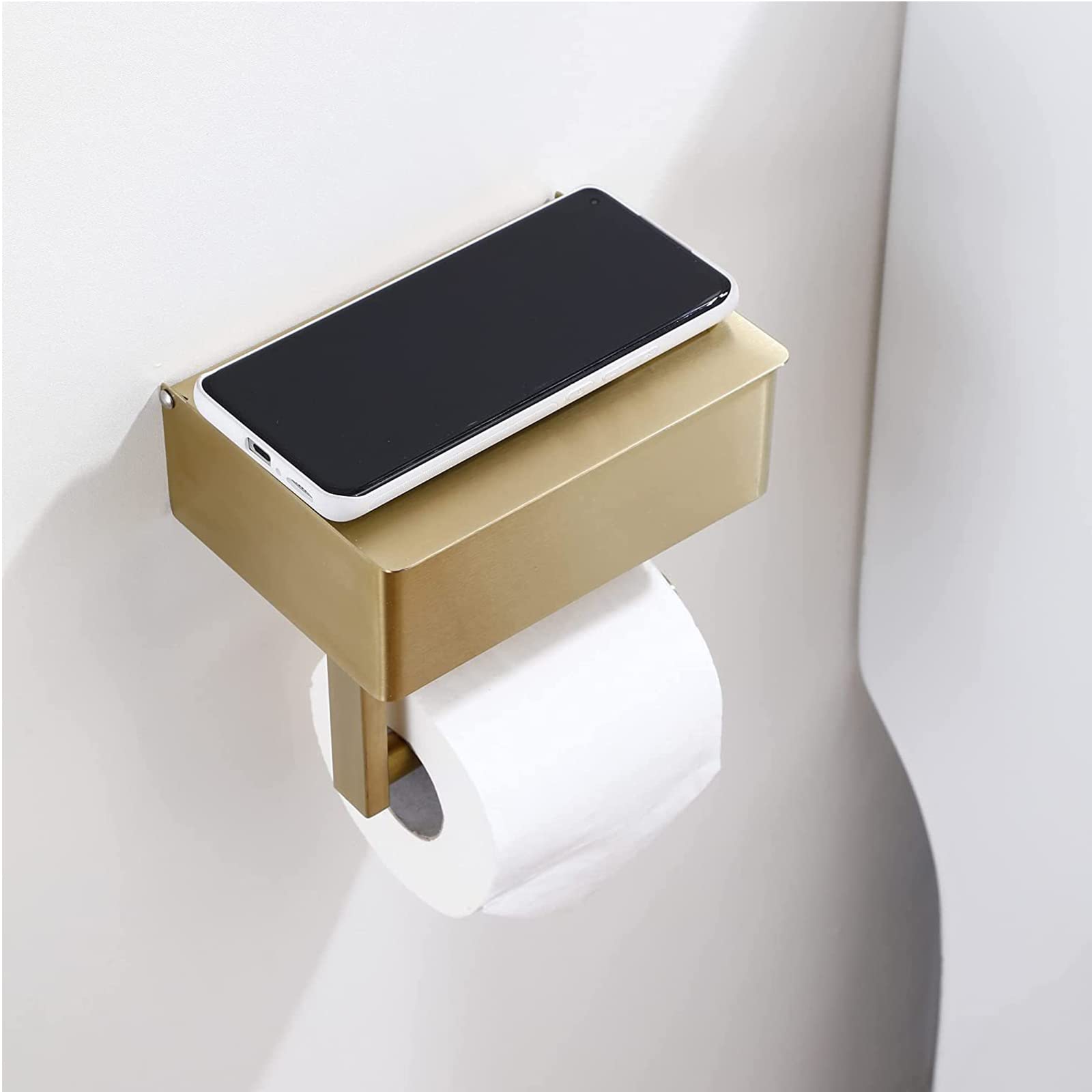Stainless Steel Wall Mounted Toilet Paper Holder with Shelf & Flushable Wipes Dispenser - Gold Large - Bathroom Storage Organizer for Toilet Paper & Wipes | Perfect for Small Bathrooms, Powder Rooms & RV Baths
