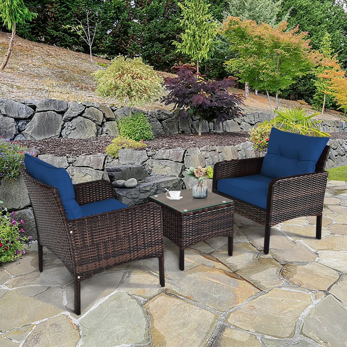 HappyGrill 3-Piece Patio Conversation Set - Outdoor Rattan Wicker Furniture with Coffee Table & Chairs, Waterproof Seat Cushions - Perfect for Garden, Balcony, Backyard, Poolside & Outdoor Entertaining