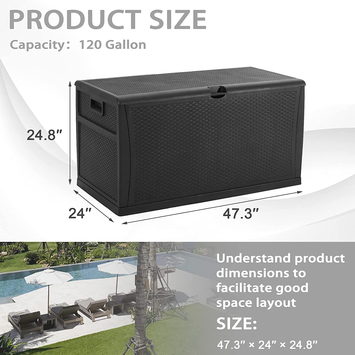 120 Gallon Outdoor Storage Deck Box - Weatherproof Resin Container for Patio, Garden & Deck - Black - Perfect for Storing Cushions, Pool Toys & Outdoor Gear