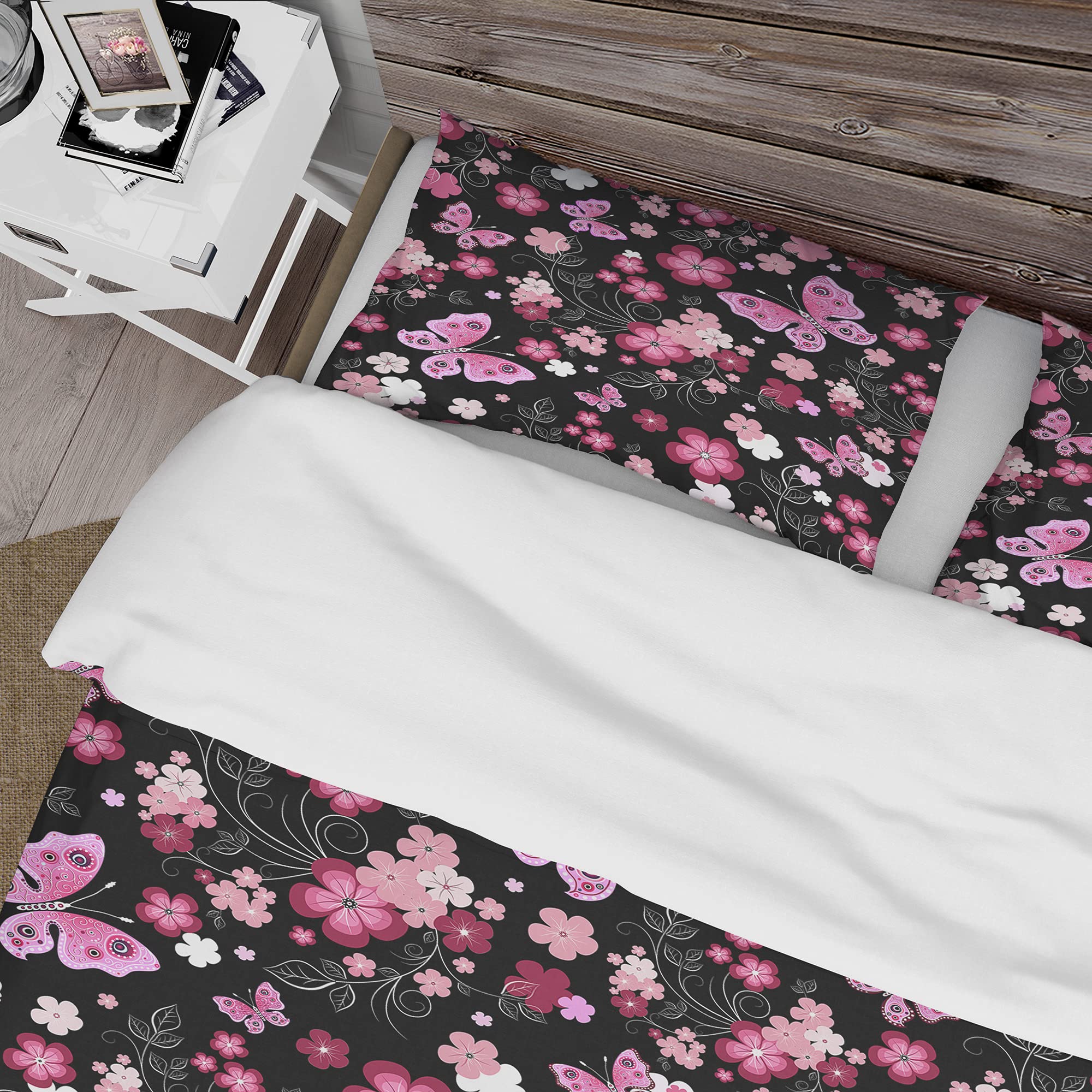 Pink Floral Duvet Cover Set with Elegant Butterfly Design - Queen Size Bedding for Girls' Room & Boho Chic Bedroom Decor