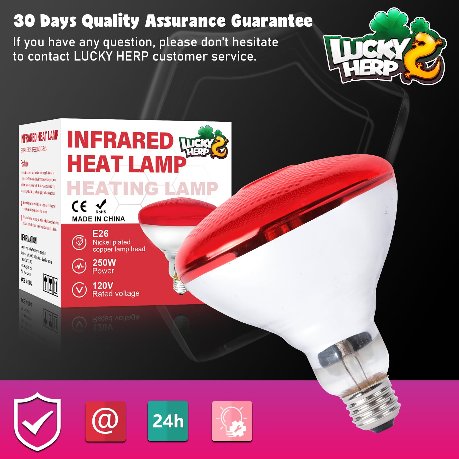 LUCKY HERP 250W Red Infrared Heat Lamp Bulb for Chicken Coop Brooder, Reptile Terrarium & Pet Warming - 1 Pack - Ideal for Poultry, Reptiles, and Food Service Heating