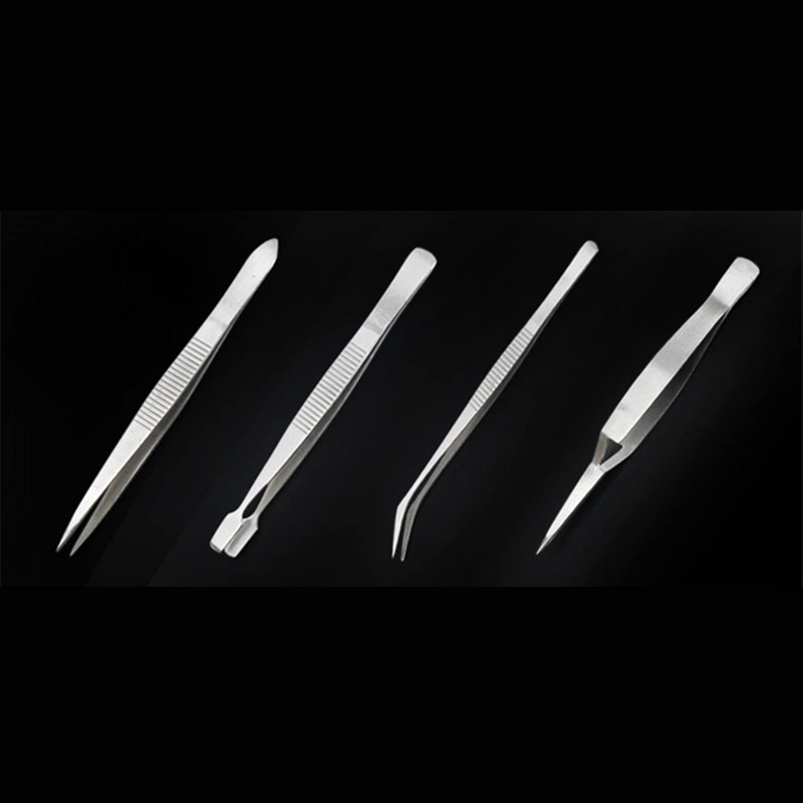 4-Piece Stainless Steel Precision Tweezers Set - Slant & Pointed Tips for Electronics, Eyebrows & Makeup - Anti-Slip Grip - Perfect for DIY, Jewelry Making & Beauty Care (Silver)