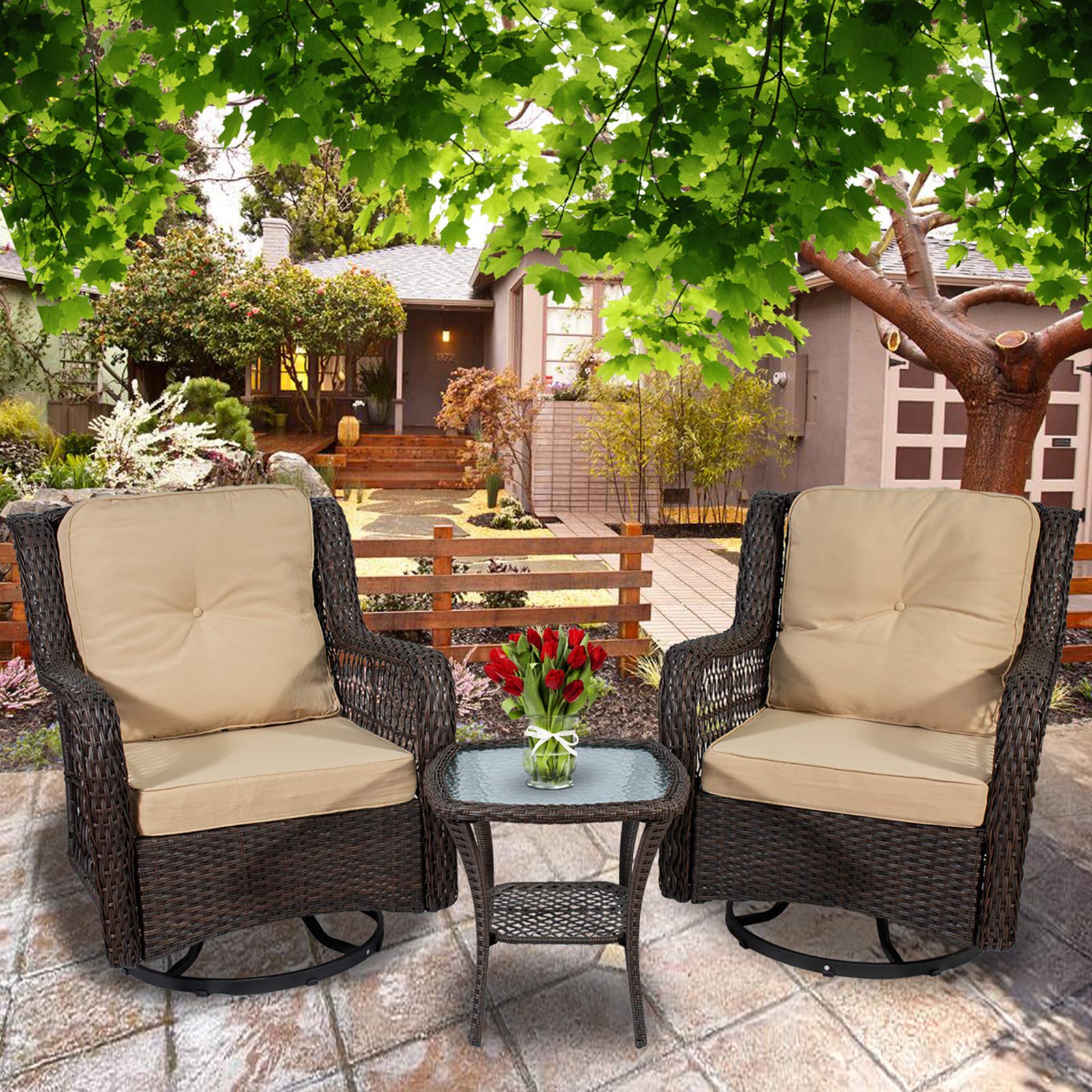 3-Piece Patio Furniture Set - Wicker Rocker Swivel Chairs with Cushions & Side Table - Outdoor Bistro Set for Porch, Backyard, Garden, or Indoor Use - Brown - Perfect for Relaxing, Entertaining, and Outdoor Dining