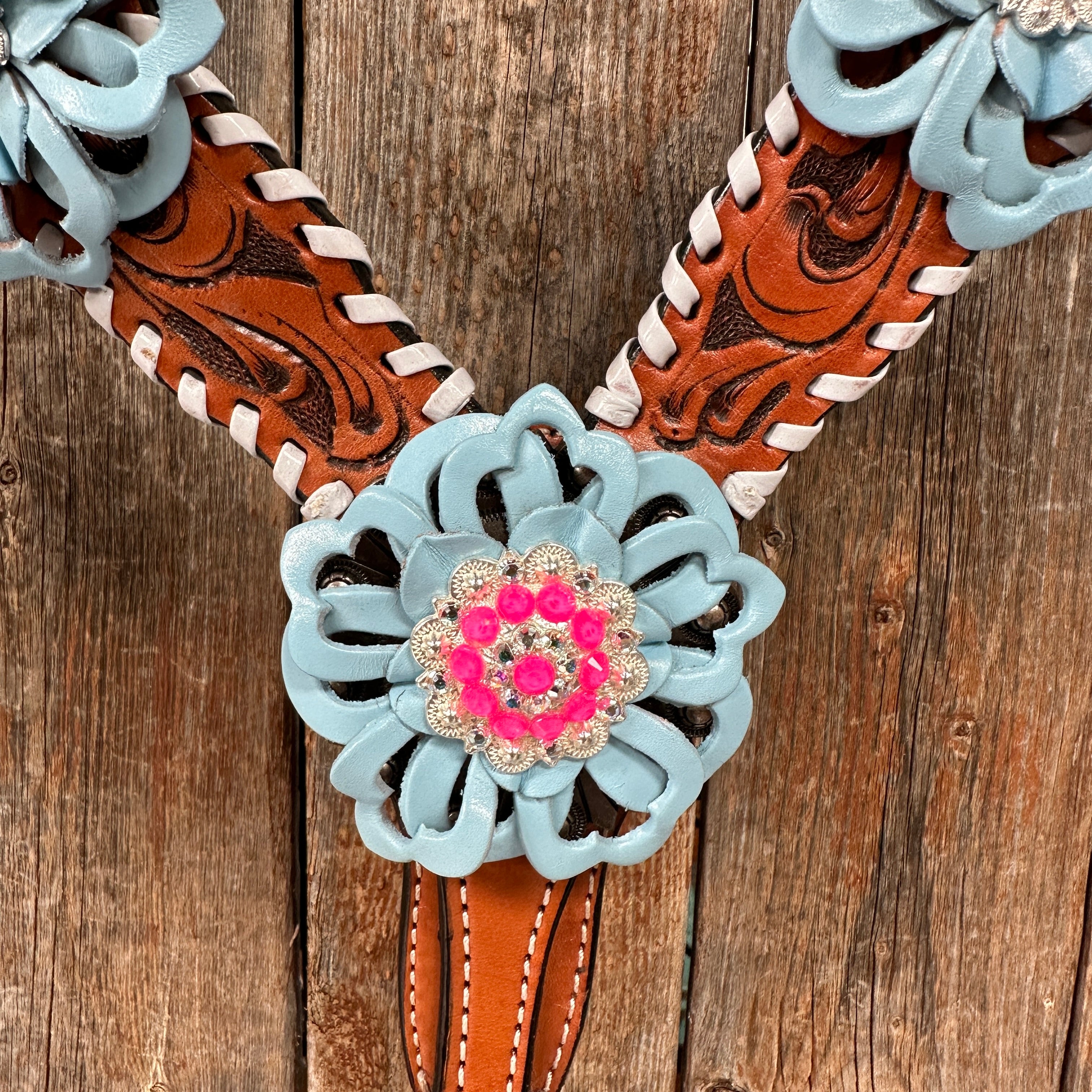 Light Oil Whipstitch Pink & Blue One Ear/Breastcollar Tack Set #OEBC575 - Premium Equestrian Gear for Western Riding & Horse Shows