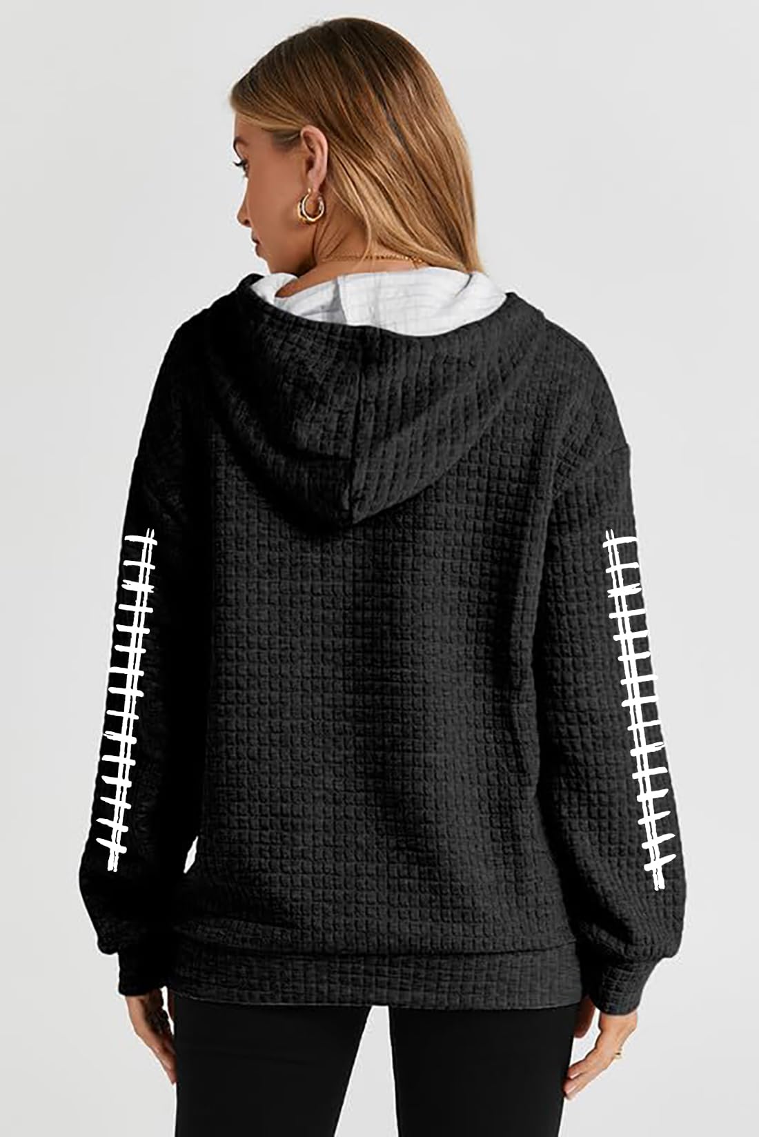 VILOVE Women's Funny Football Graphic Hooded Sweatshirt - Waffle Knit Game Day Pullover Long Sleeve Hoodie - Perfect for Football Games, Tailgating & Casual Wear